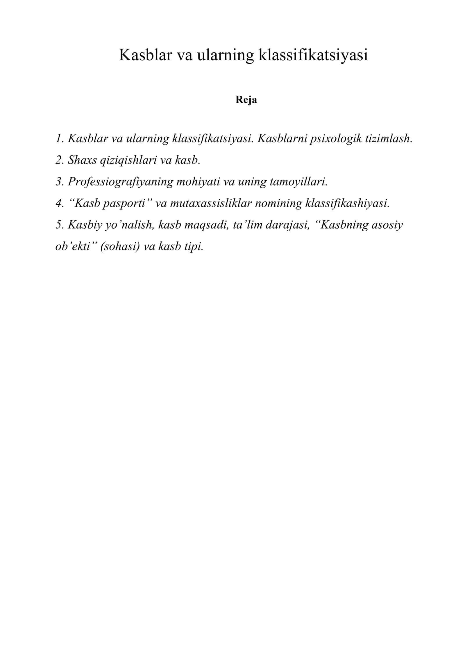 Kasblar va ularning klassifikatsiyasi 1