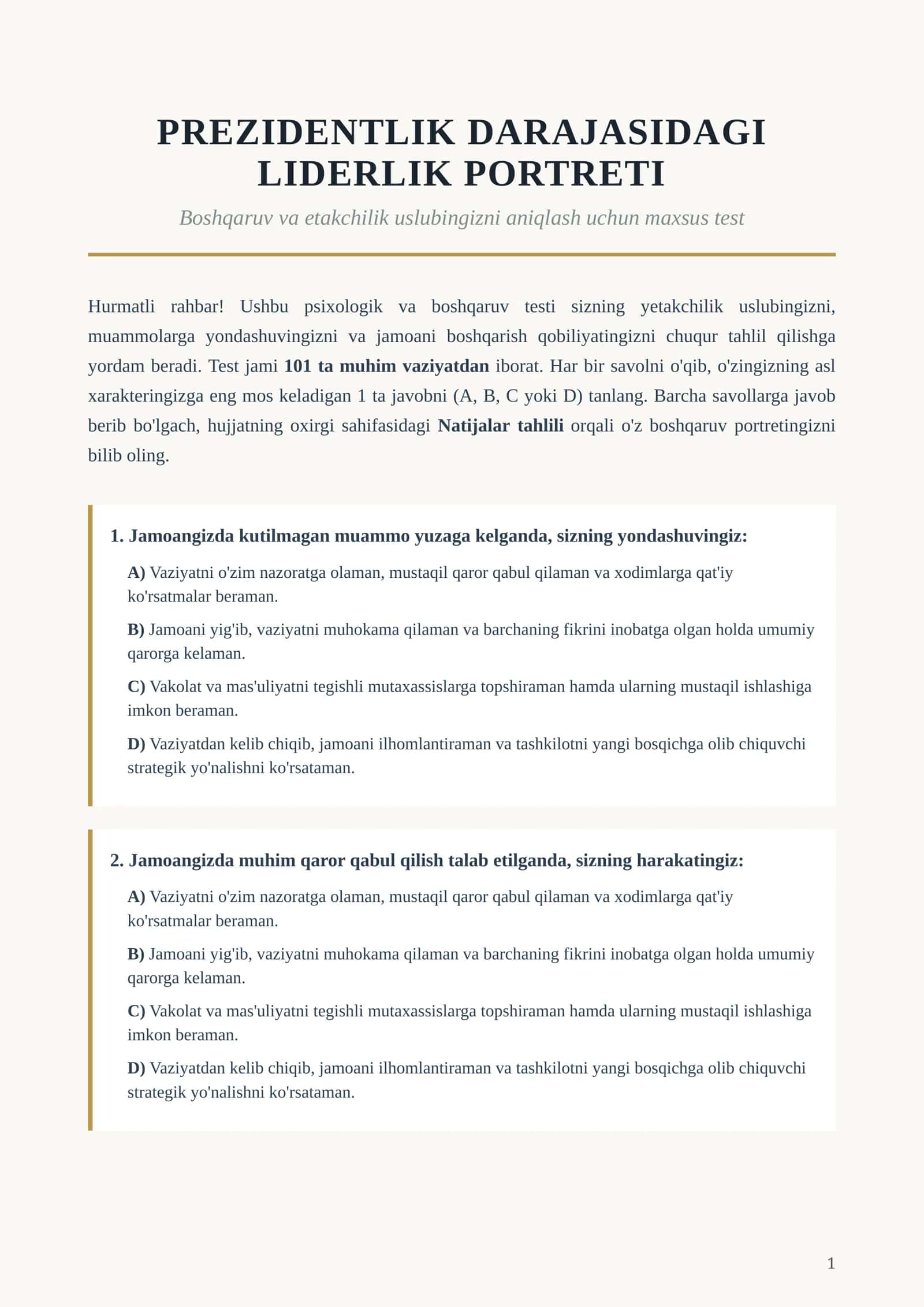 Prezidentlik darajasidagi liderlik diagnostik testi 1