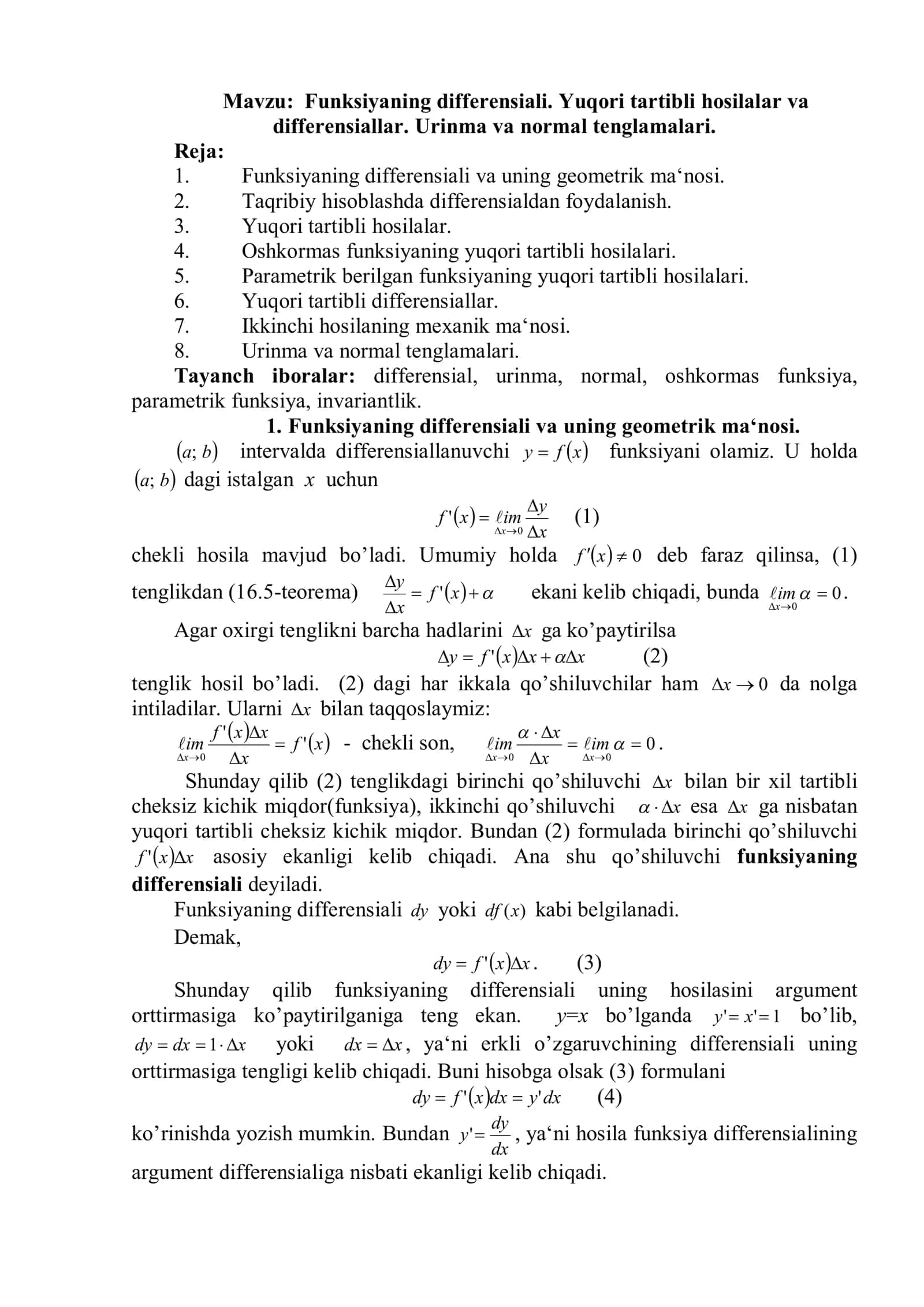 Funksiyaning differensiali. Yuqori tartibli hosilalar va differensiallar 1