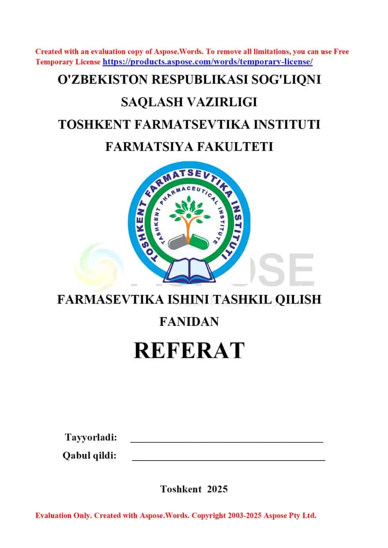 9. Markaziy Osiyo davlatlarida farmatsiyaning rivojlanishi. Referat 12 bet. 1