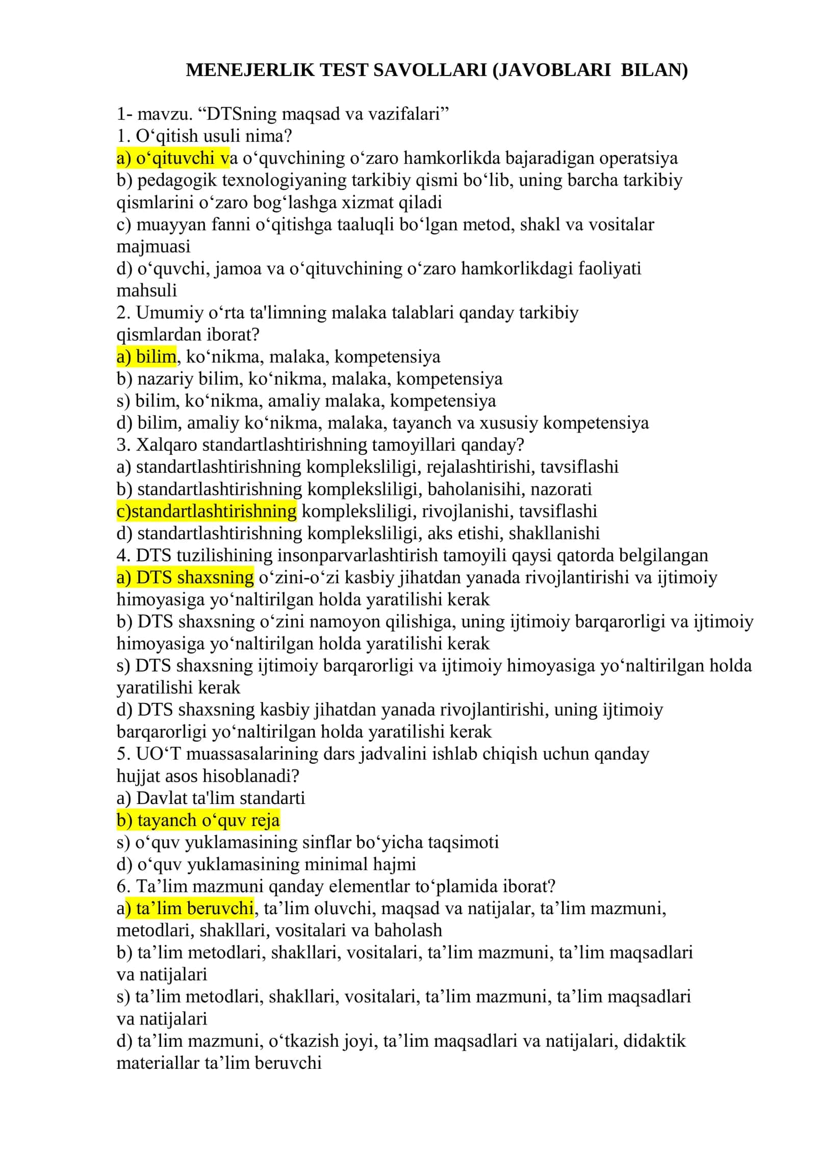 Menejerlik testlari (javoblari bilan) 1