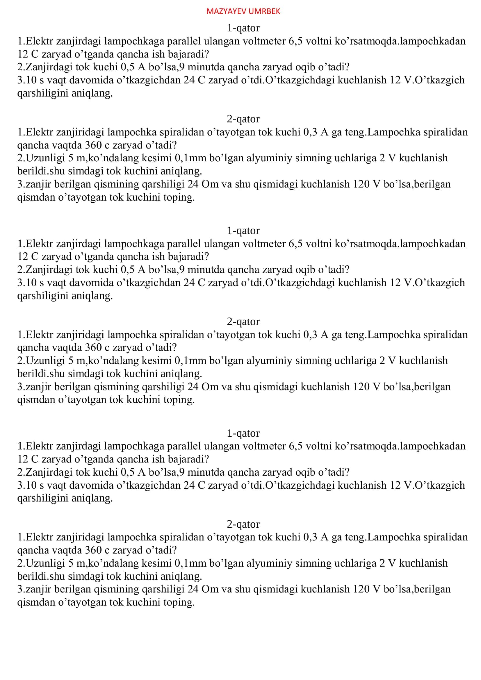 Elektr zanjirdagi lampochkaga parallel ulangan voltmeter 1