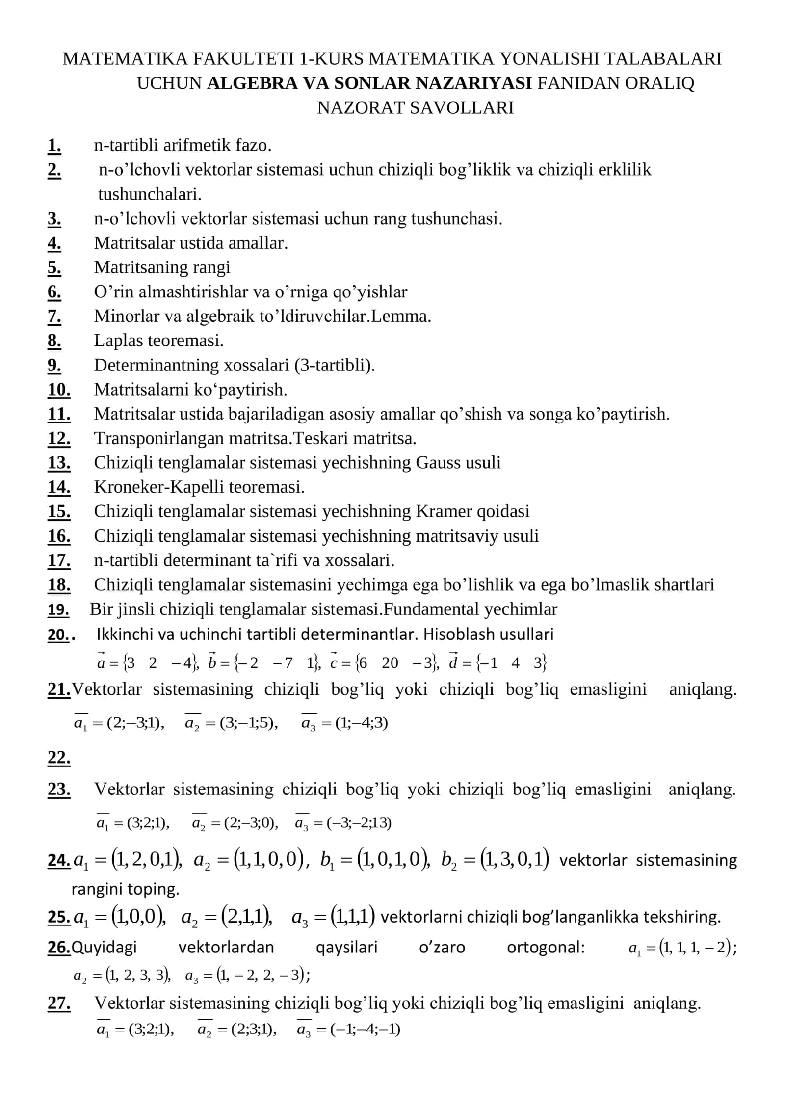 ALGEBRA VA SONLAR NAZARIYASI FANIDAN ORALIQ NAZORAT SAVOLLARI 1