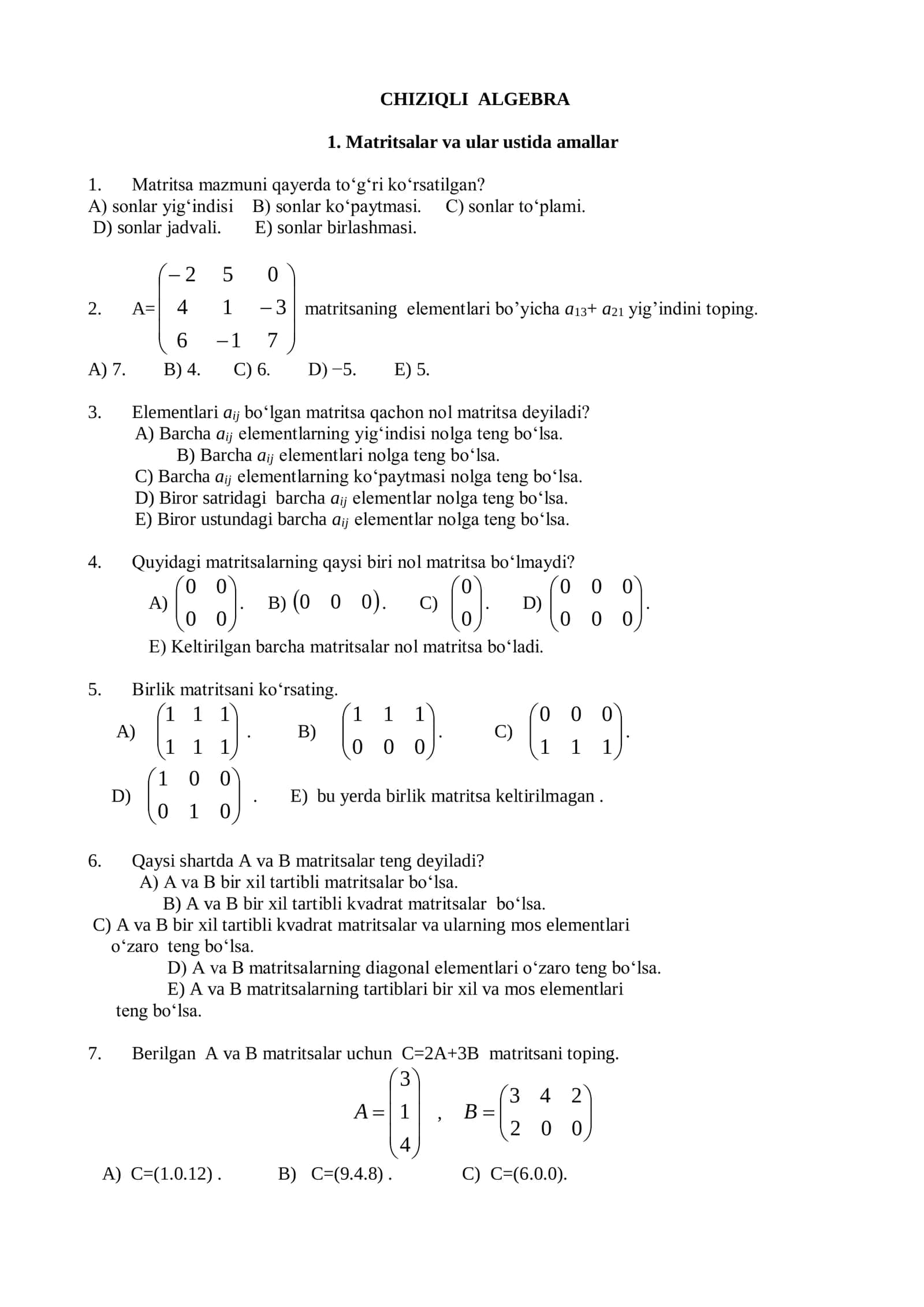 Talabalar uchun chiziqli algebra fanidan testlar to'plami 1