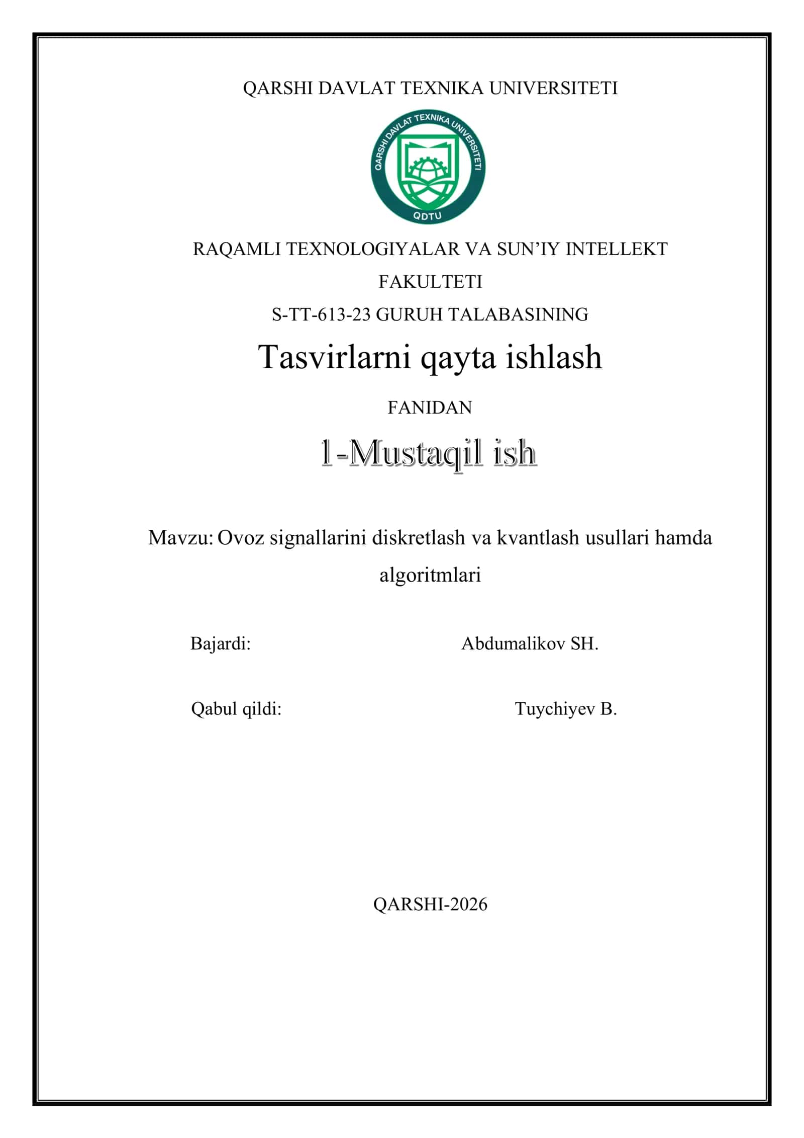Ovoz signallarini diskretlash va kvantlash usullari hamda algoritmlari 1