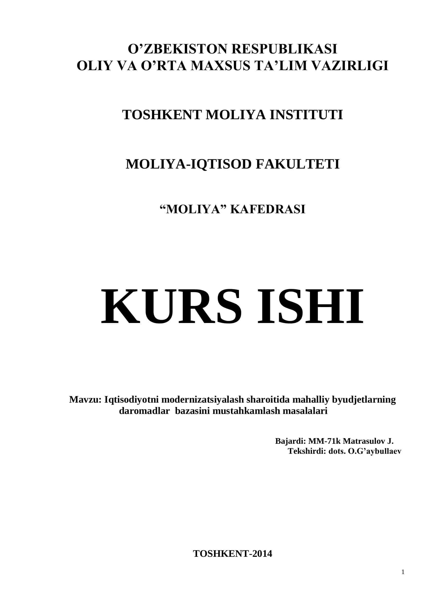 Iqtisodiyotni modernizatsiyalash sharoitida mahalliy byudjetlarning daromadlar bazasini mustahkamlash masalalari 1