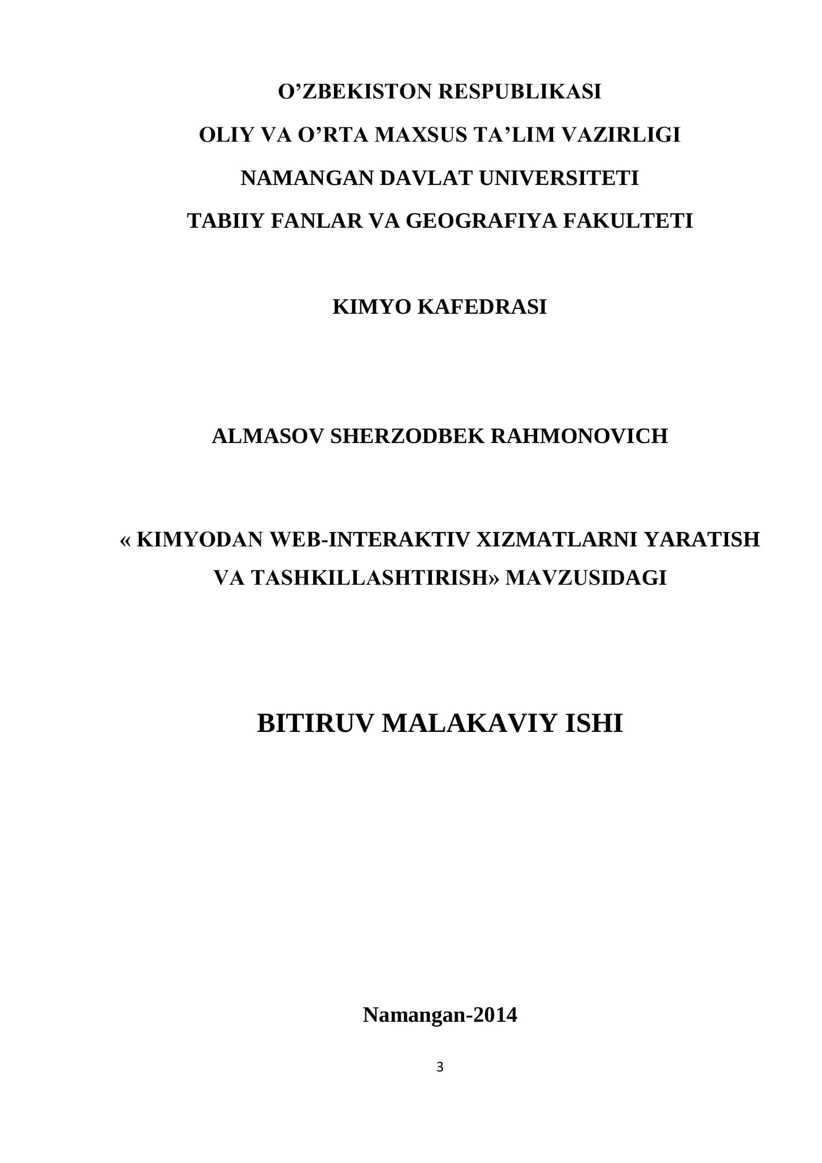 KIMYODAN WEB-INTERAKTIV XIZMATLARNI YARATISH VA TASHKILLASHTIRISH MAVZUSIDAGI BITIRUV MALAKAVIY ISHI 1