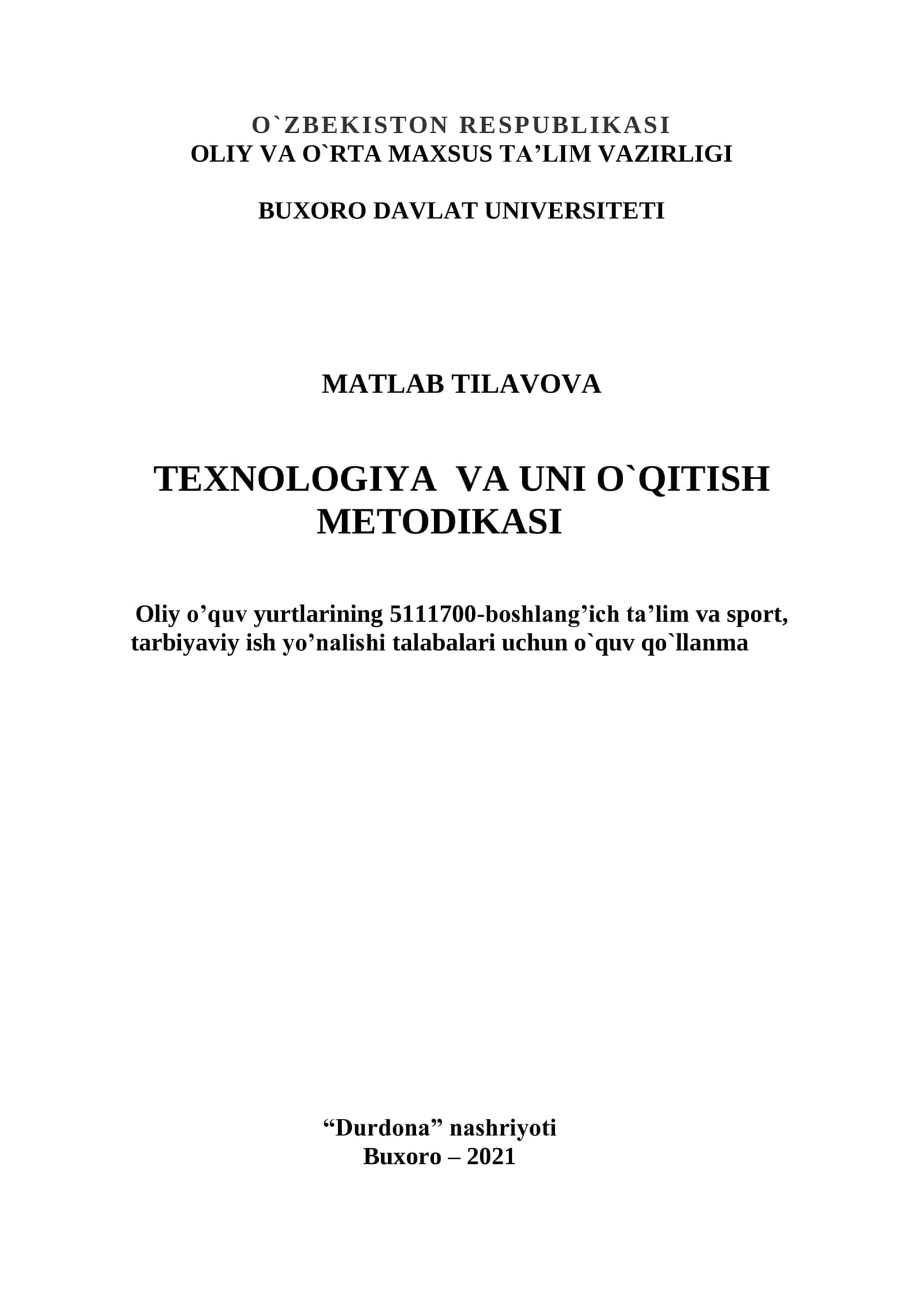 Texnologiya va uni o`qitish metodikasi 1