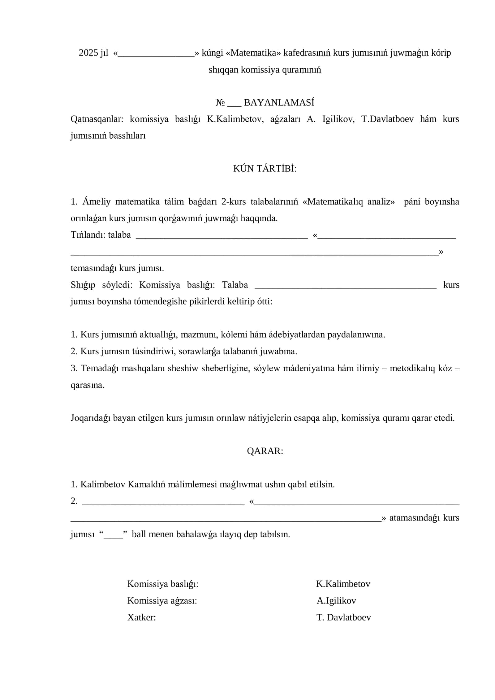 Matematika Kafedrasi Kurs Jumisi 1
