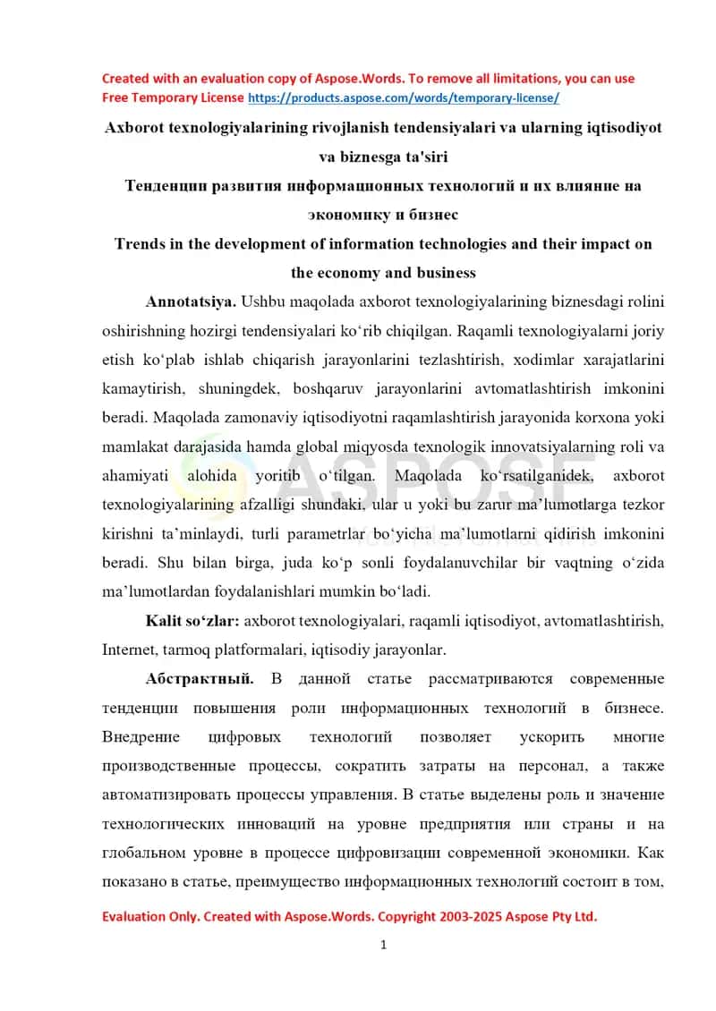 Axborot texnologiyalarining rivojlanish tendensiyalari va ularning iqtisodiyot va biznesga ta'siri 1