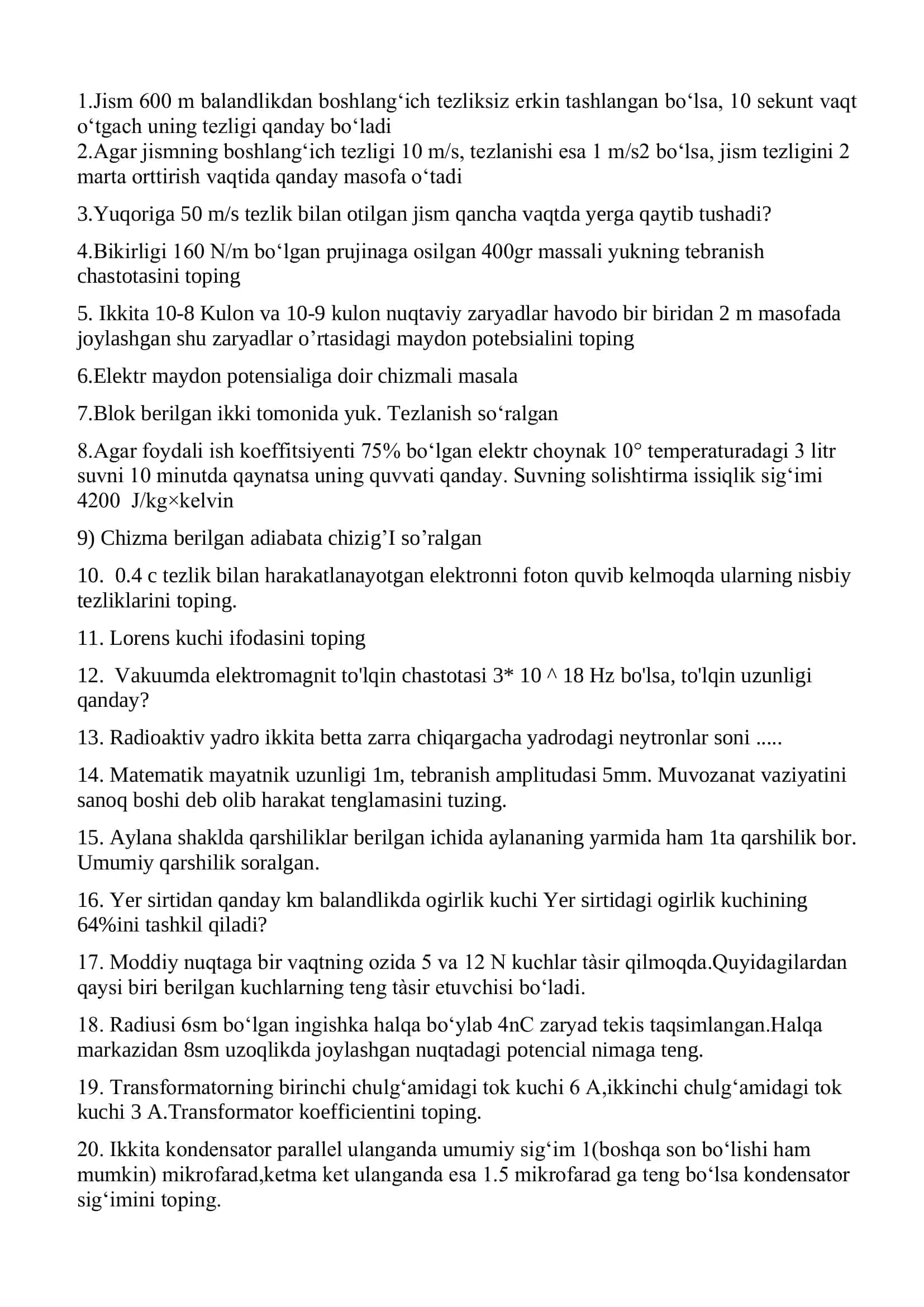 Fizika mashg'ulotlari 1