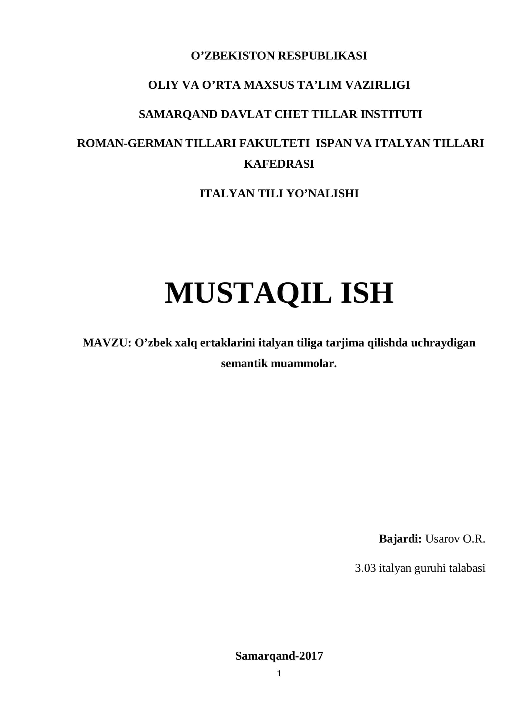 O'zbek xalq ertaklarini italyan tiliga tarjima qilishda uchraydigan semantik muammolar 1