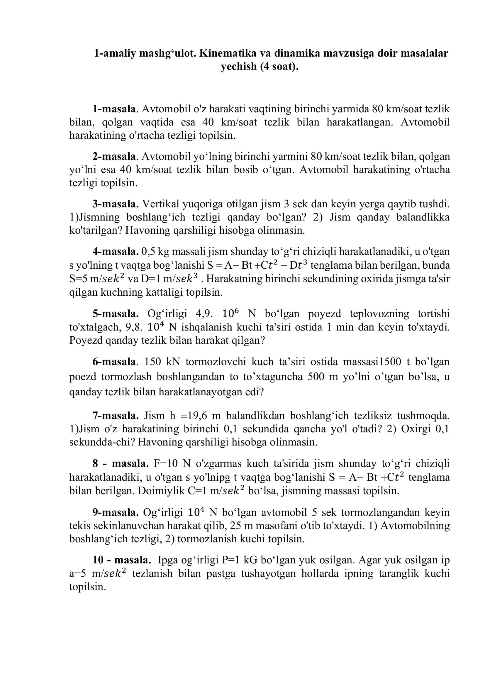 Kinematika va dinamika masalalar 1