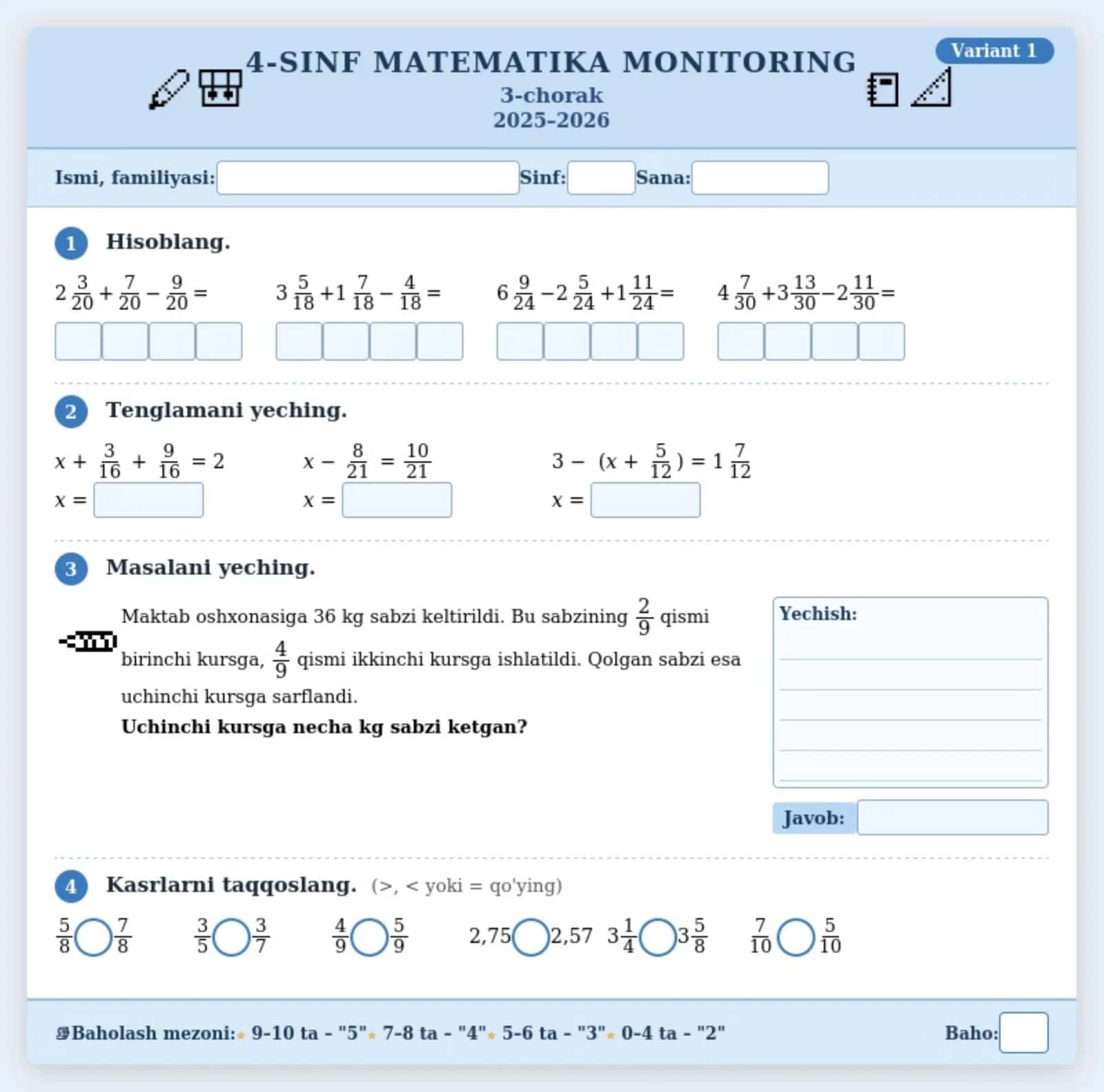 4-sinf o'quvchilariga matematika fanidan monitoring misol va masalalar (30 ta variant). 1