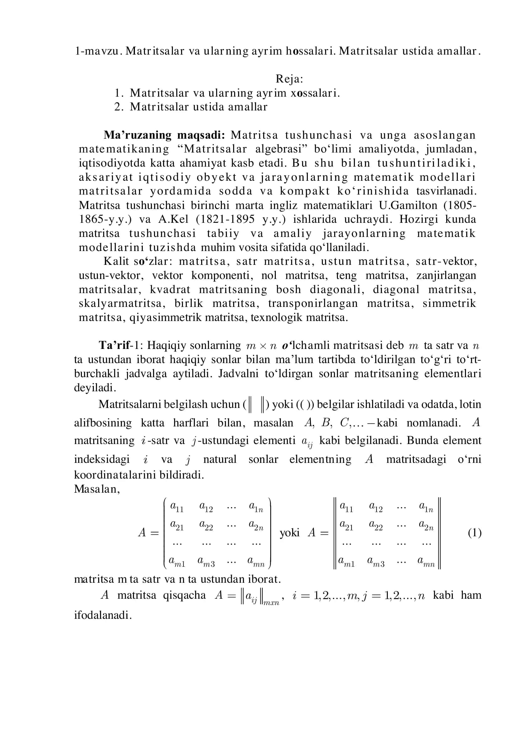 Matritsalar algebrasi 1