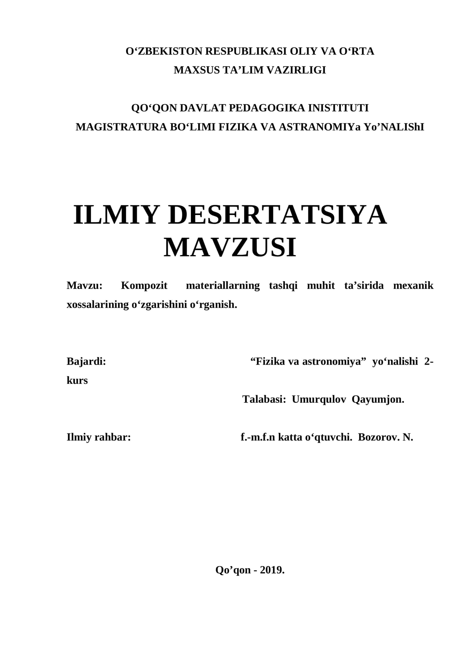 Kompozit materiallarning tashqi muhit ta’sirida mexanik xossalarining o‘zgarishini o‘rganish 1