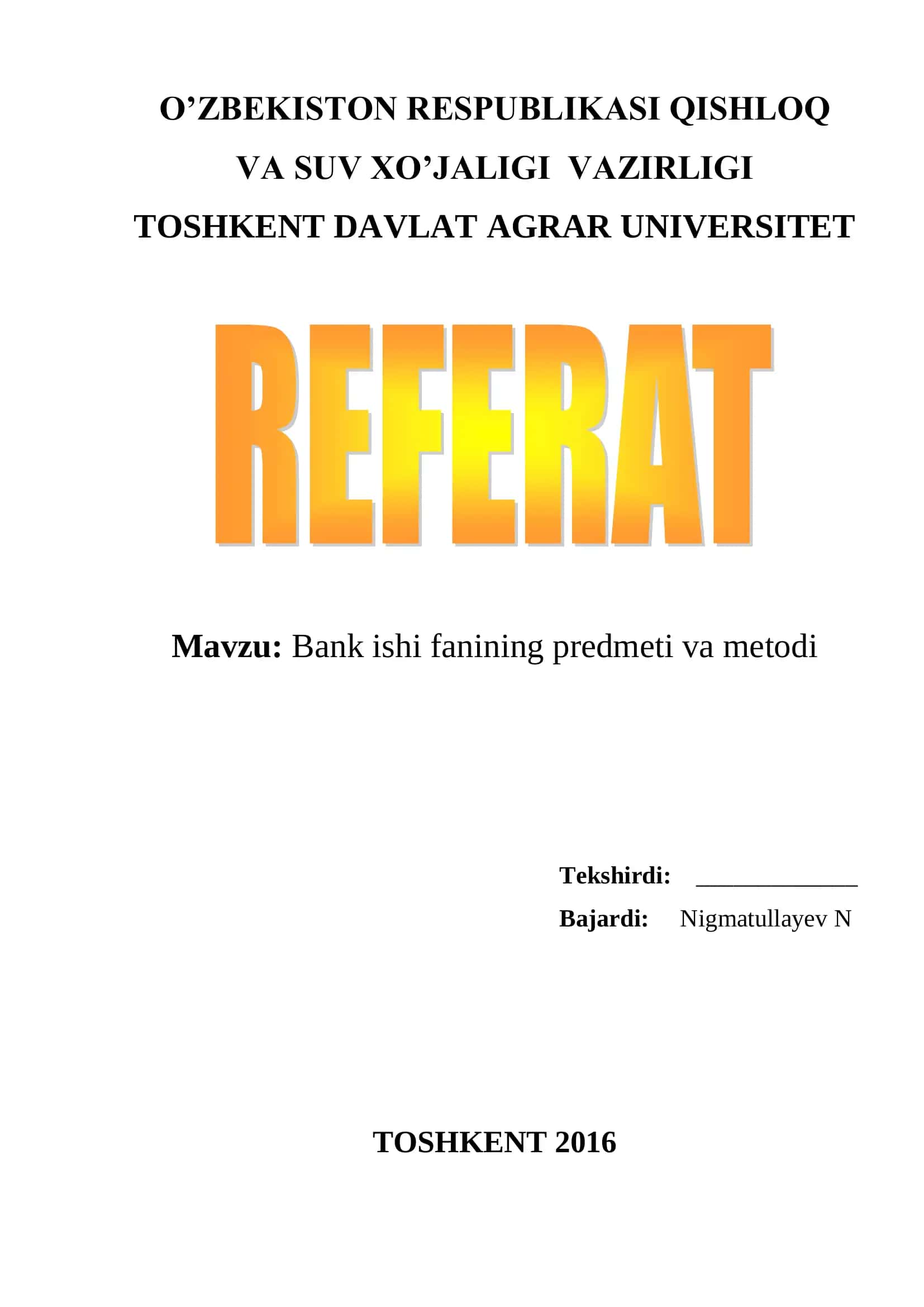 Bank ishi fanining predmeti va metodi 1