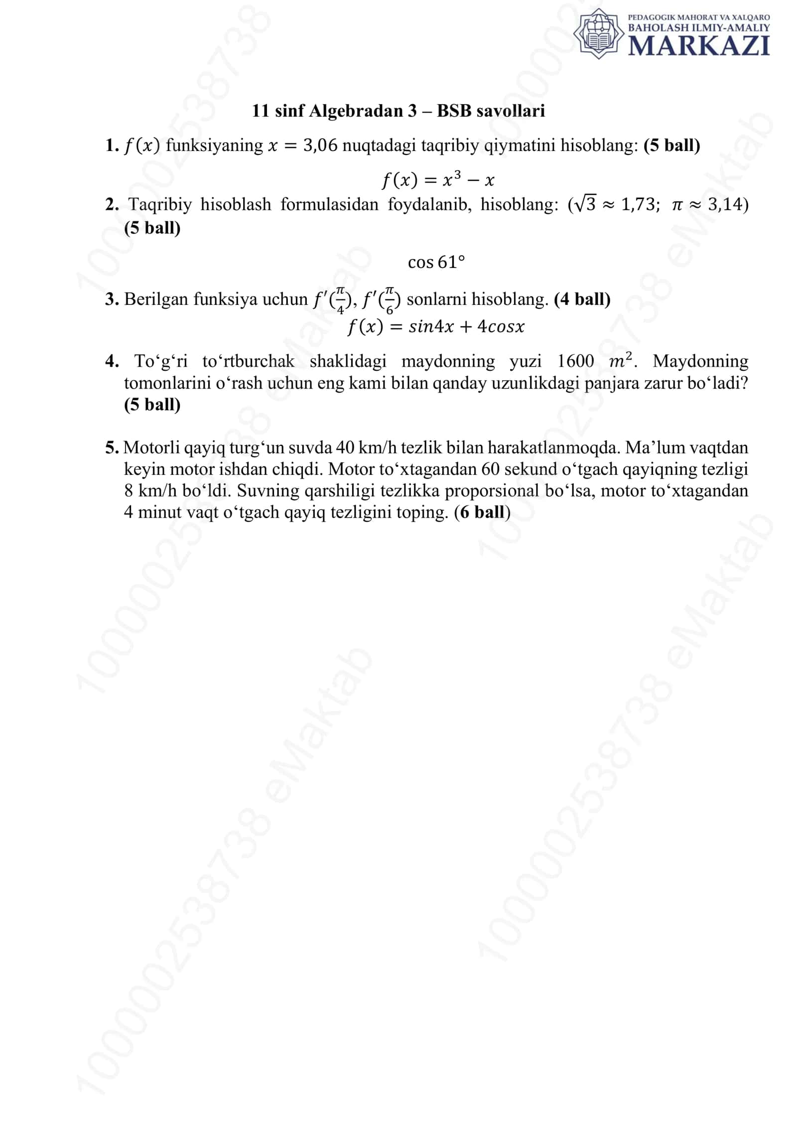11 sinf Algebradan 3 – BSB savollari 1