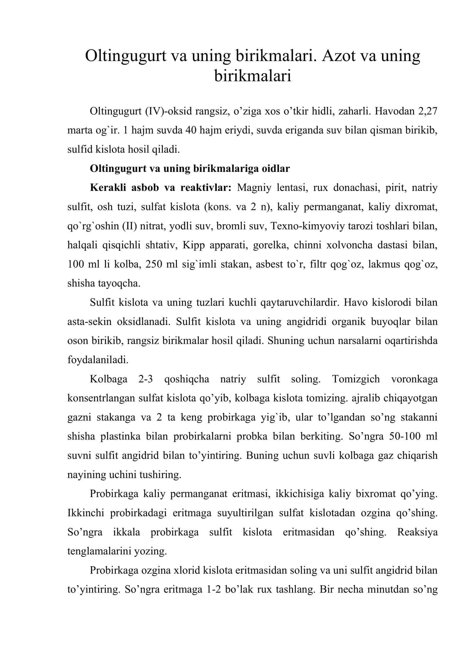 Oltingugurt va uning birikmalari. Azot va uning birikmalari 1