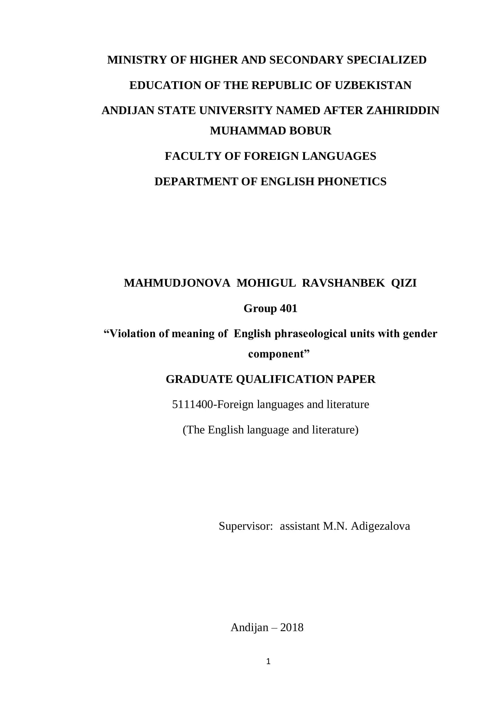 Violation of Meaning of English Phraseological Units with Gender Component 1