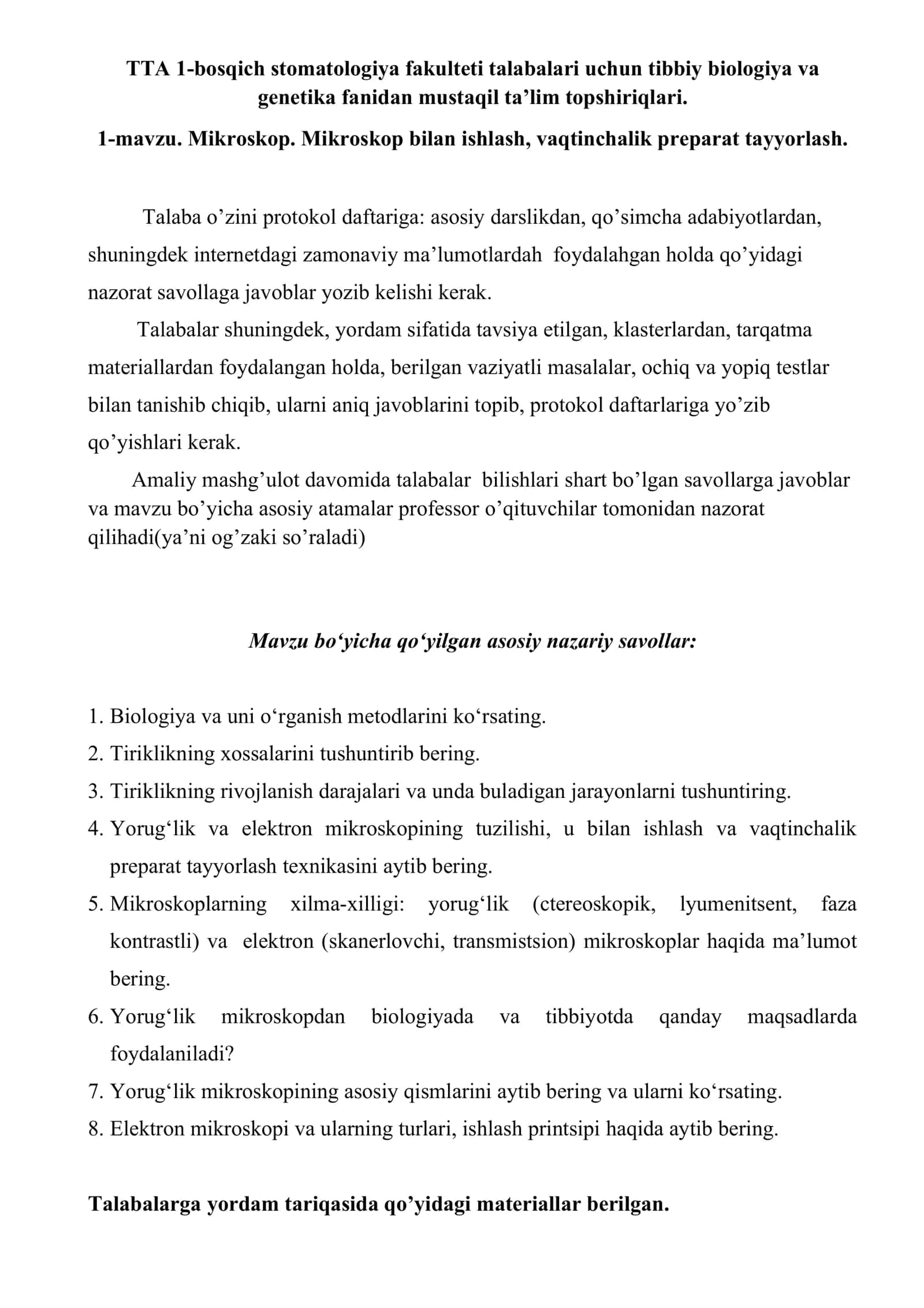 Tibbiy biologiya va genetika fanidan mustaqil ta’lim topshiriqlari 1