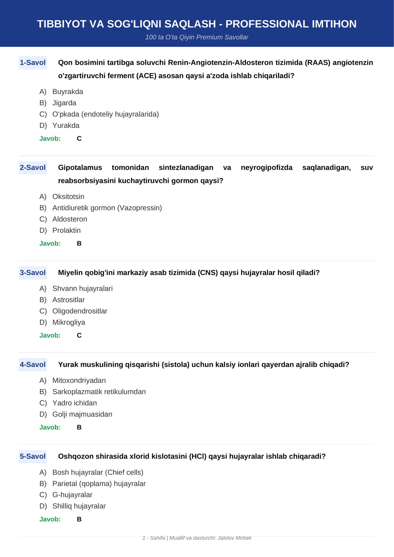 TIBBIYOT VA SOG'LIQNI SAQLASH - PROFESSIONAL IMTIHON 1
