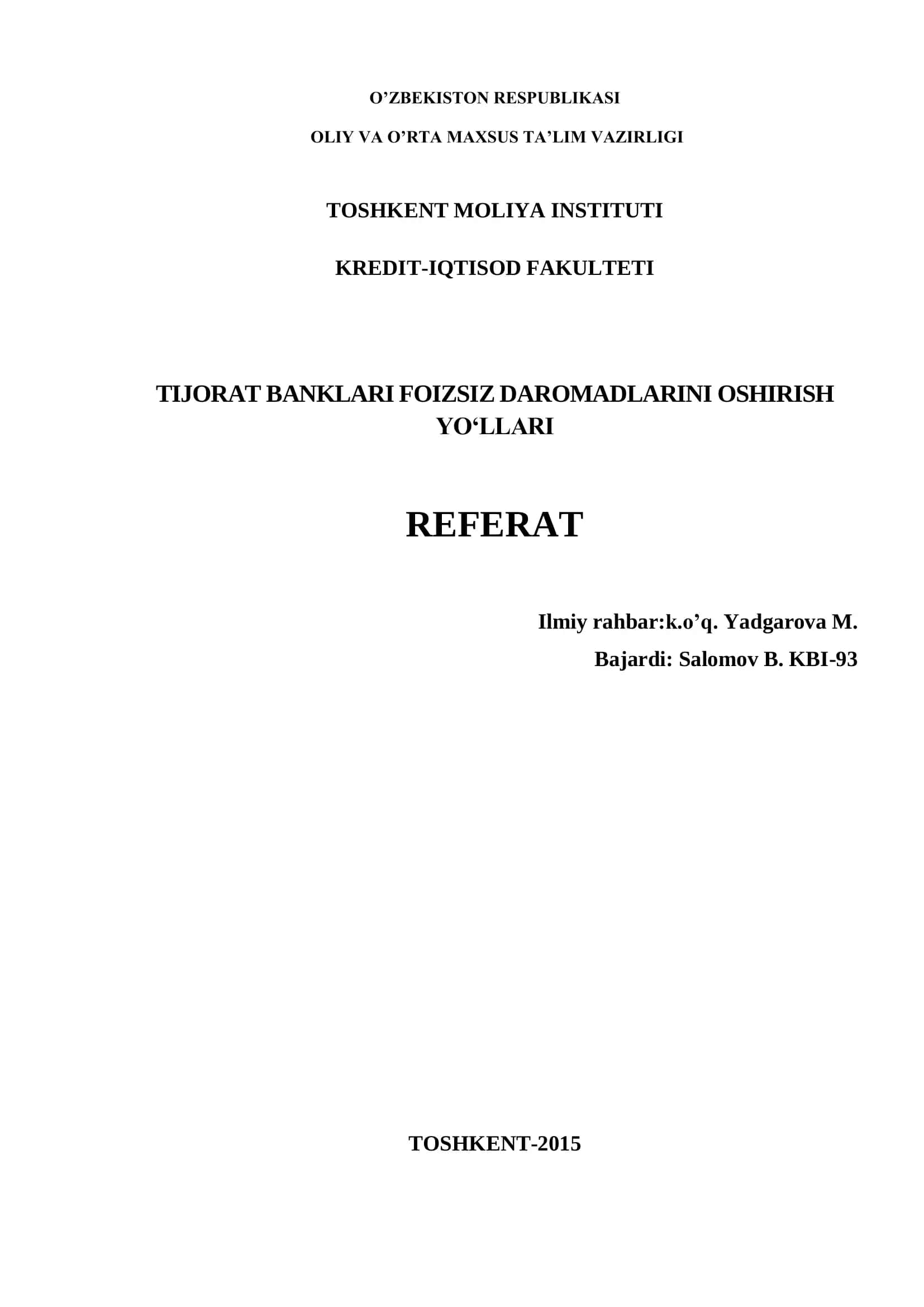 Tijorat Banklari Foizsiz Daromadlarini Oshirish Yo‘llari REFERAT 1