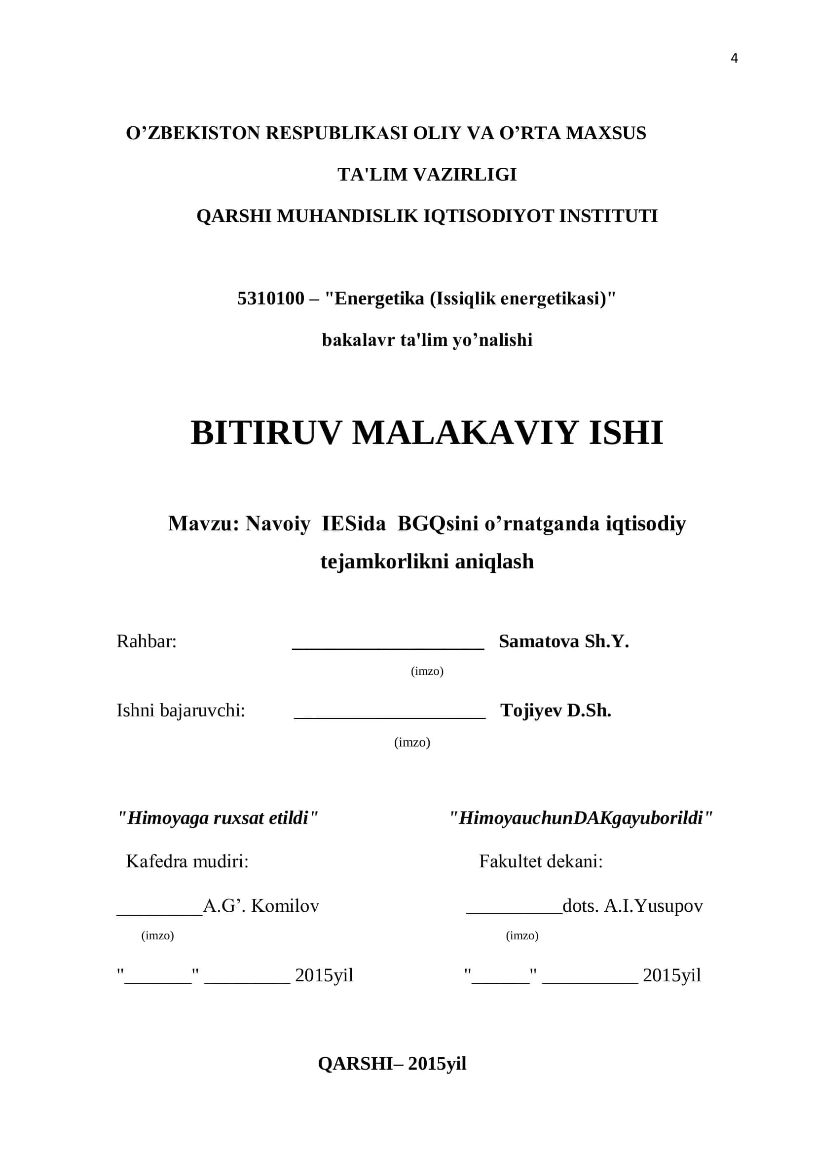 Navoiy IESida BGQsini o’rnatganda iqtisodiy tejamkorlikni aniqlash 1
