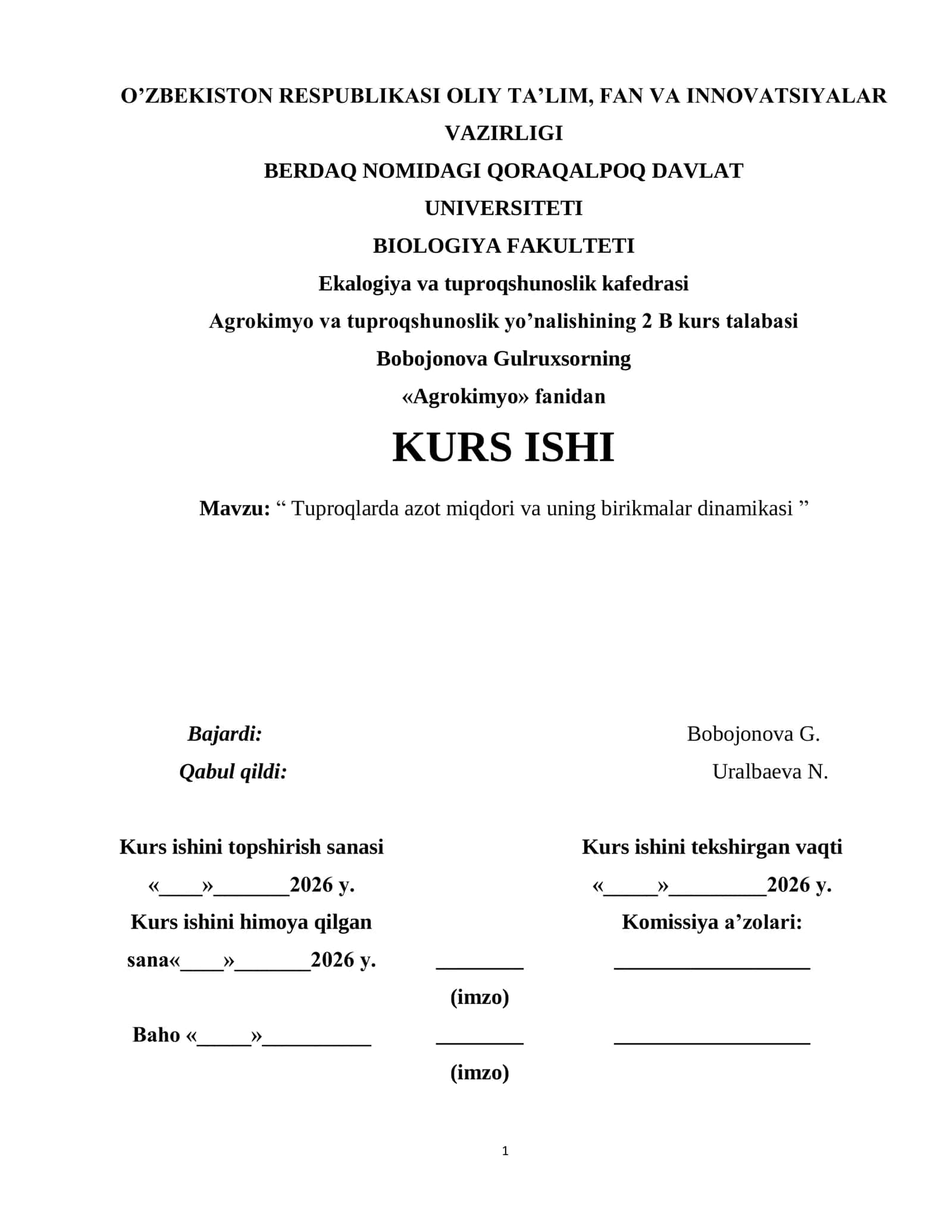 Tuproqlarda azot miqdori va uning birikmalar dinamikasi 1