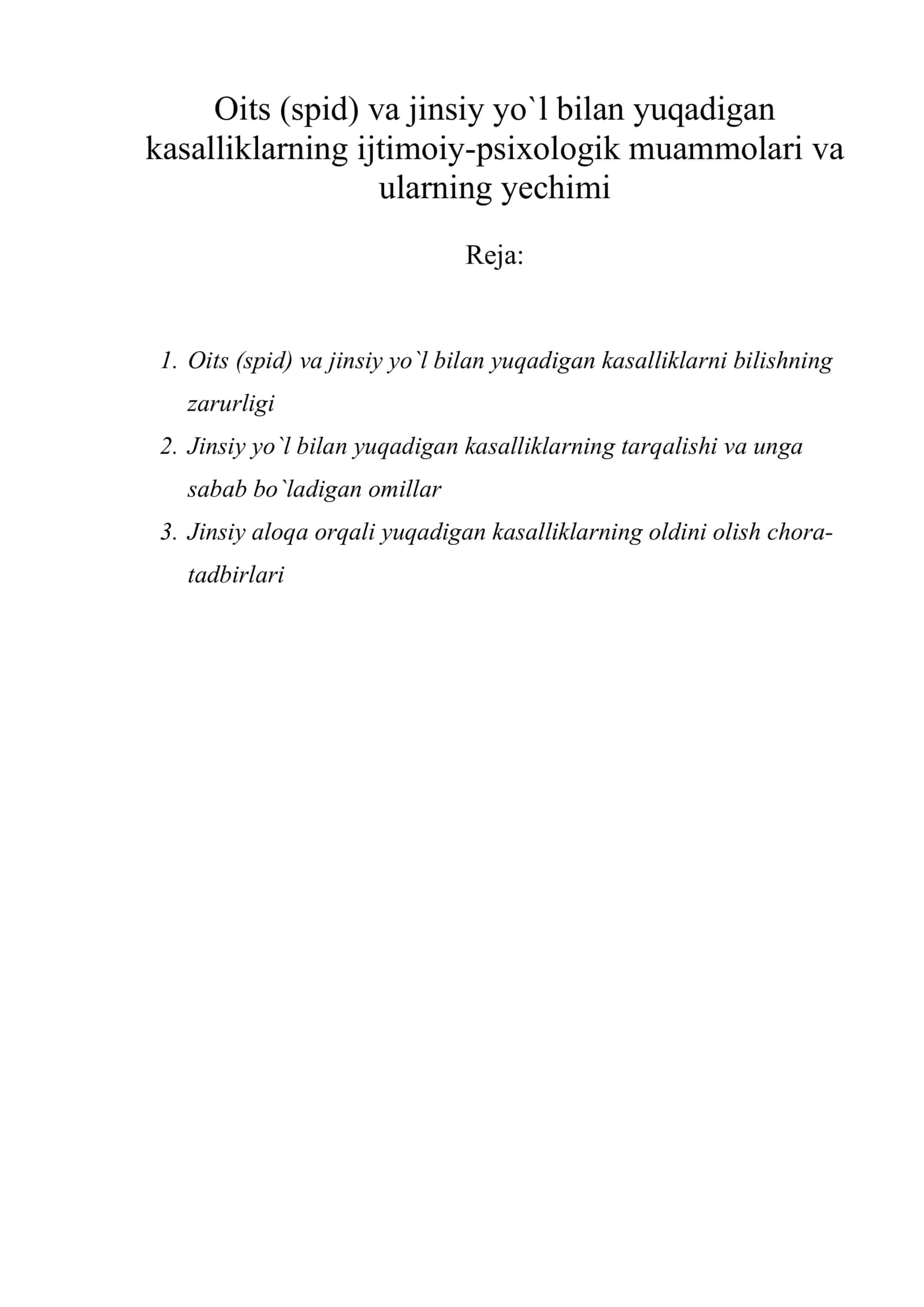 Oits (spid) va jinsiy yo`l bilan yuqadigan kasalliklarning ijtimoiy-psixologik muammolari va ularning yechimi 1