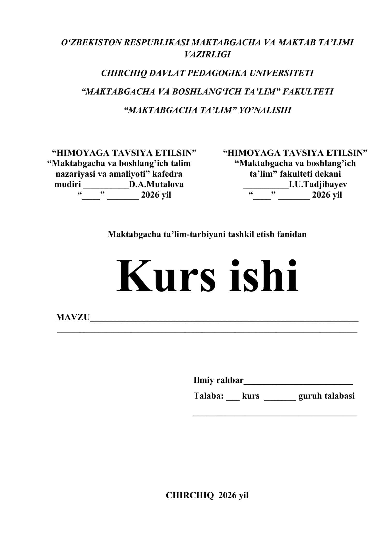 Maktabgacha va boshlang’ich talim kurs ishi 1