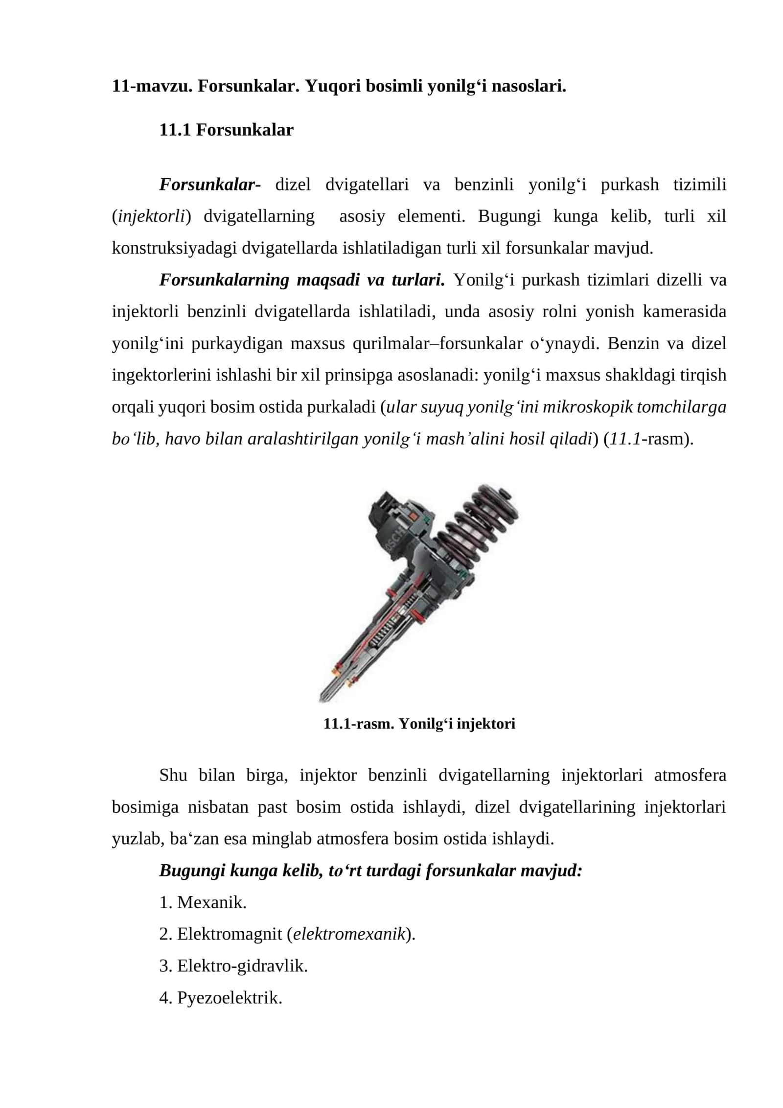11-mavzu. Forsunkalar. Yuqori bosimli yonilg‘i nasoslari 1