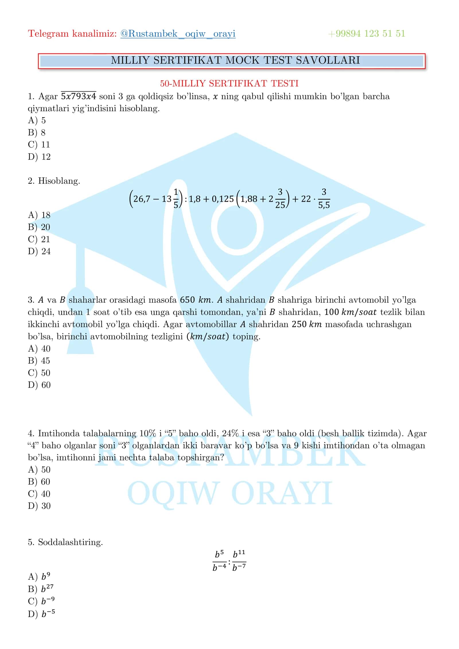 MILLIY SERTIFIKAT MOCK TEST SAVOLLARI 1