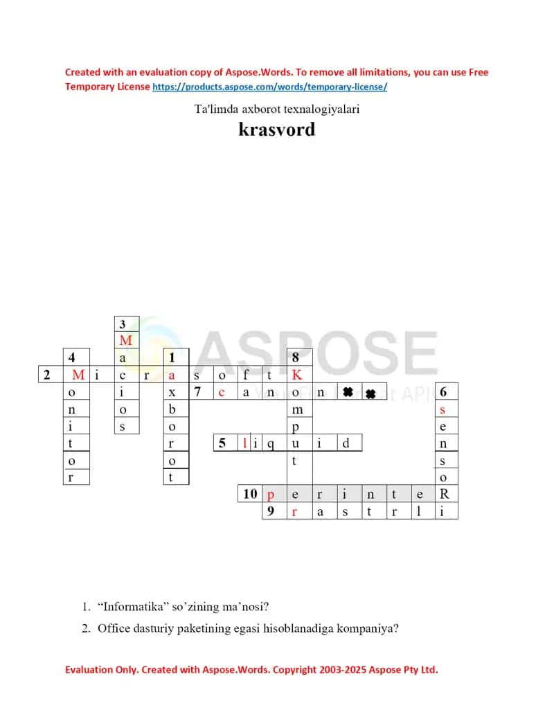 Axborot xavfsizligi krasvord 1