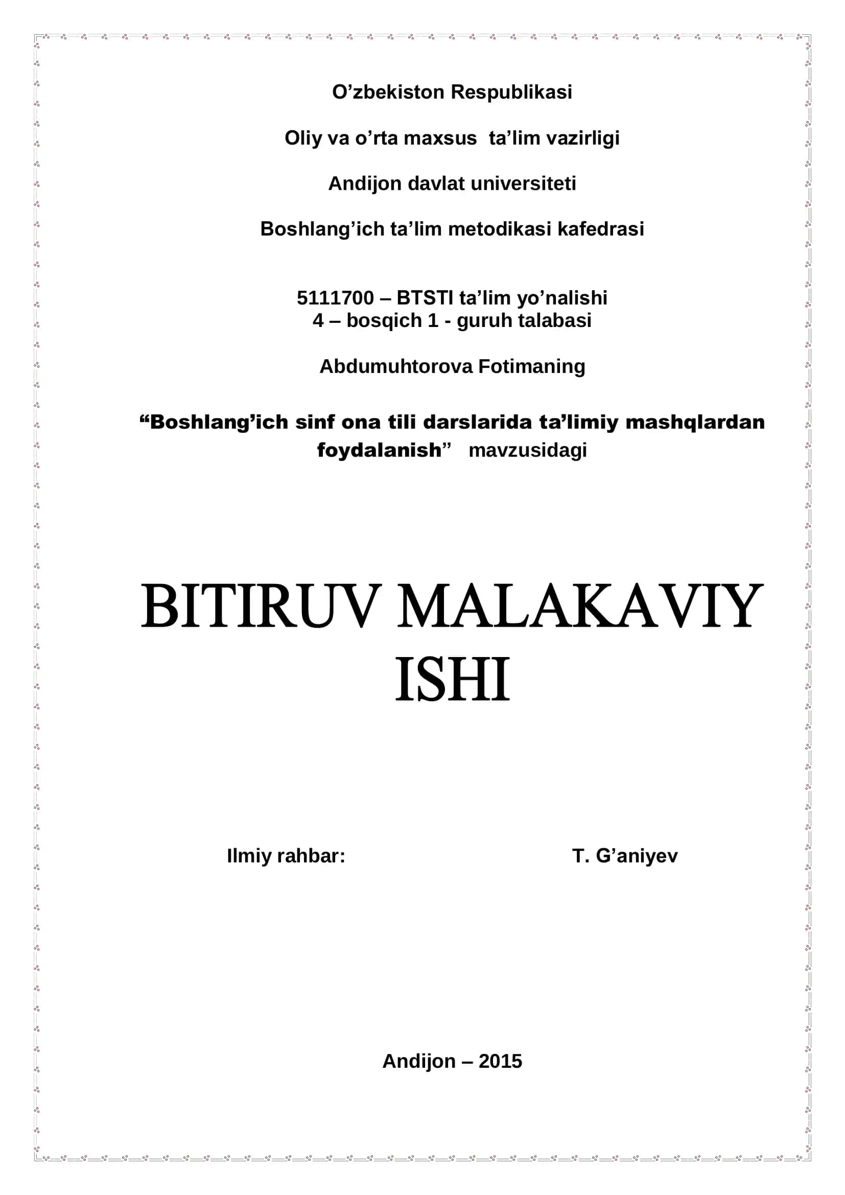 "Boshlang’ich sinf ona tili darslarida ta’limiy mashqlardan foydalanish" 1