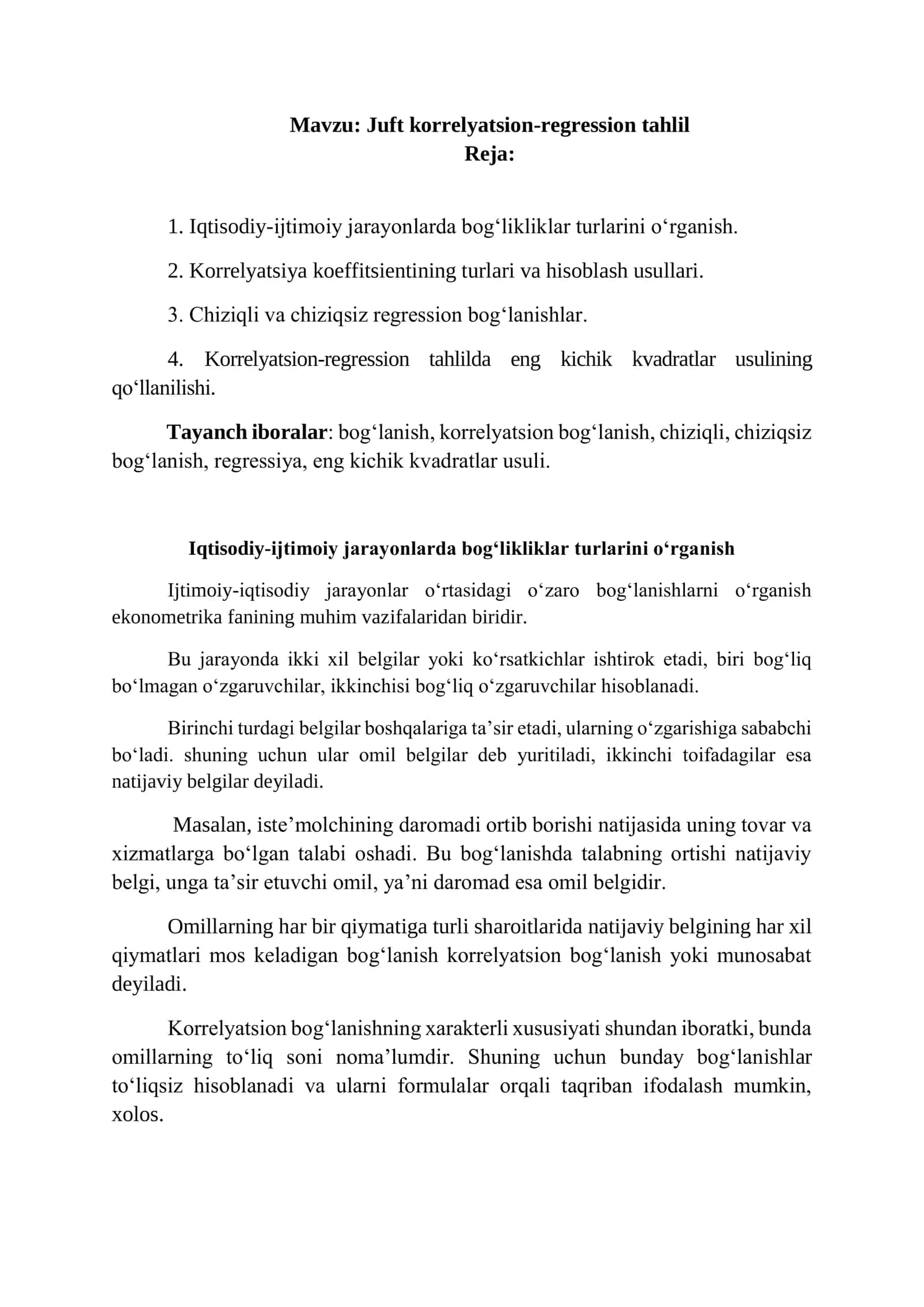 Juft korrelyatsion-regression tahlil 1