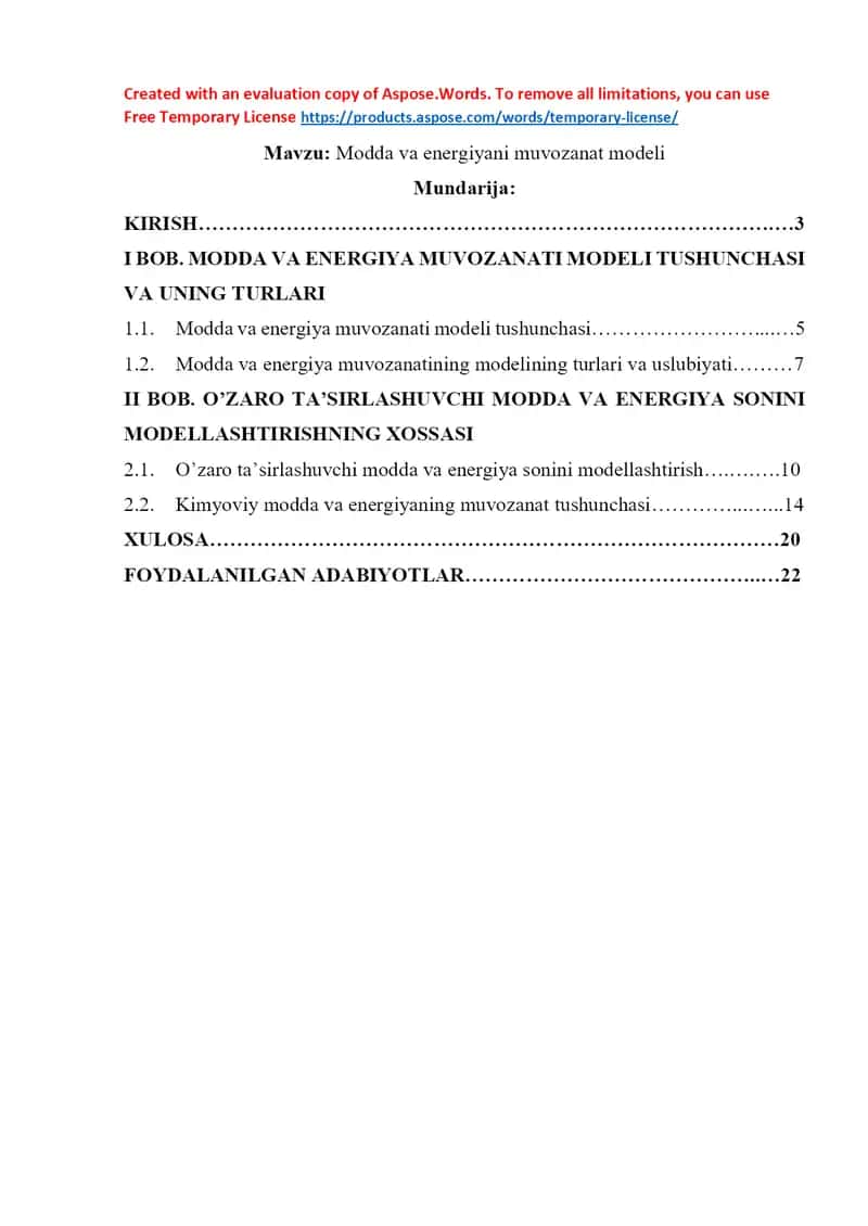Modda va energiyani muvozanat modeli 1