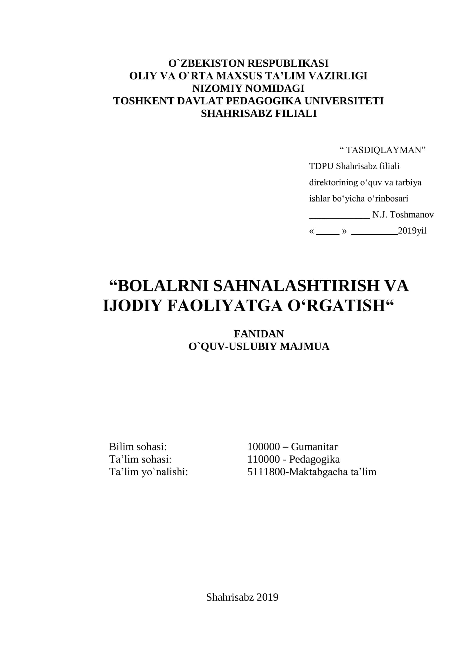 BOLALRNI SAHNALASHTIRISH VA IJODIY FAOLIYATGA O‘RGATISH 1