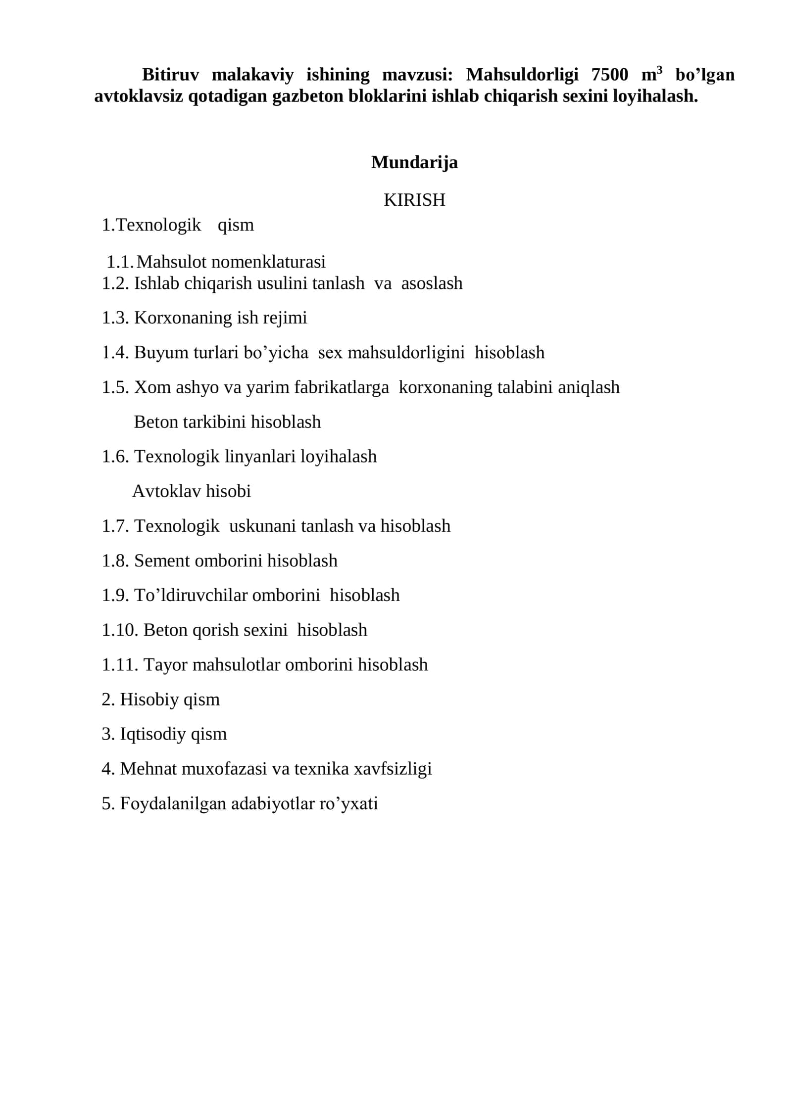 Avtoklavsiz qotadigan gazbeton bloklarini ishlab chiqarish sexini loyihalash 1