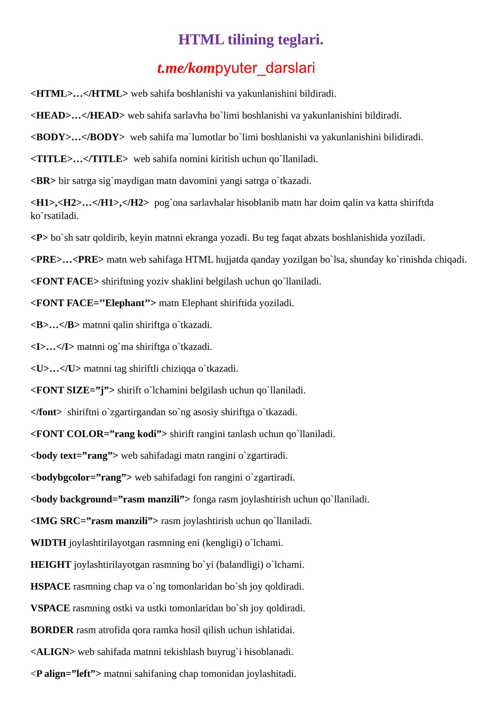 HTML tilining teglari 1