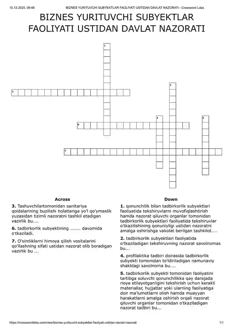 BIZNES YURITUVCHI SUBYEKTLAR FAOLIYATI USTIDAN DAVLAT NAZORATI