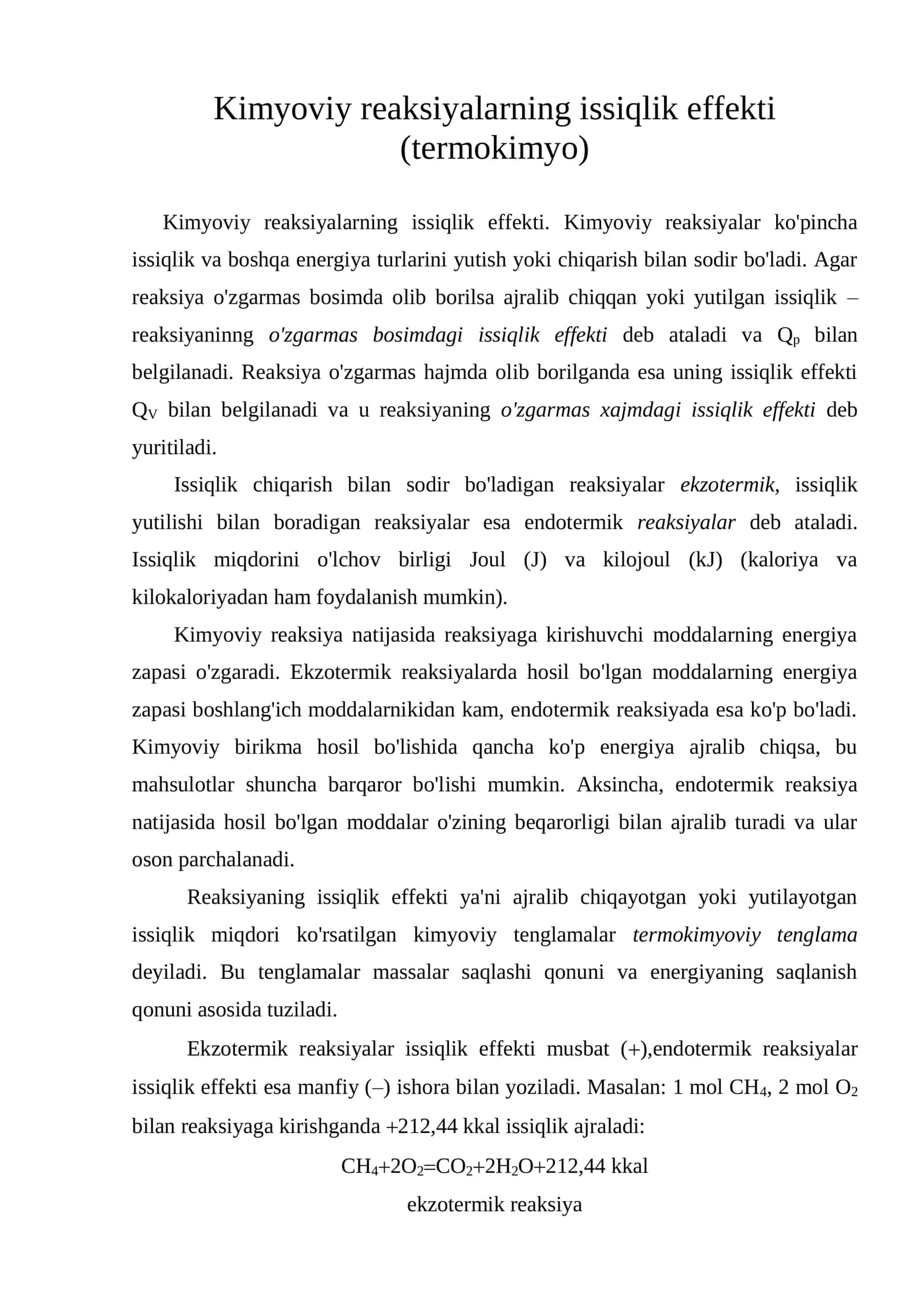 Kimyoviy reaksiyalarning issiqlik effekti (termokimyo) 1