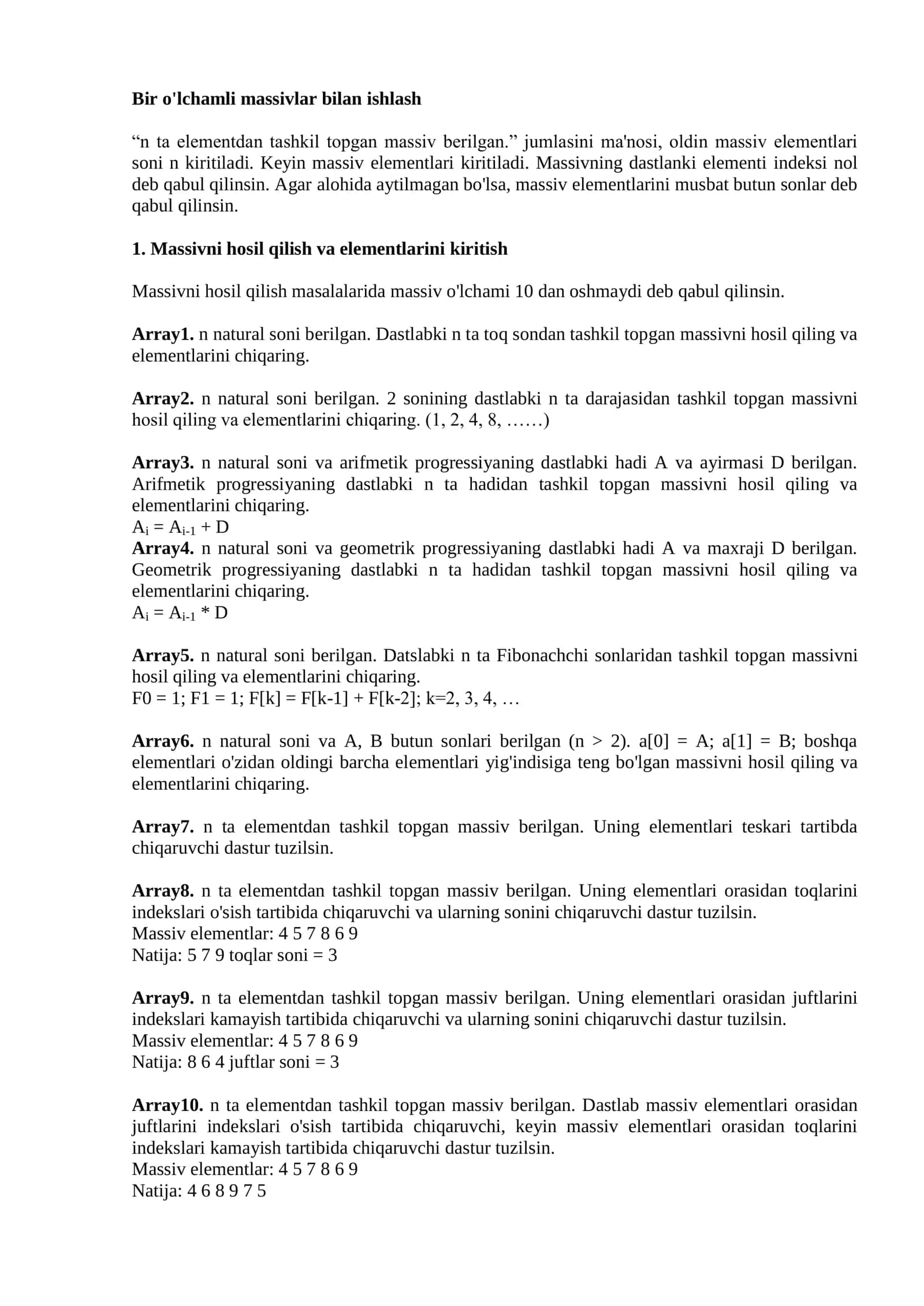 Bir o'lchamli massivlar bilan ishlash 1