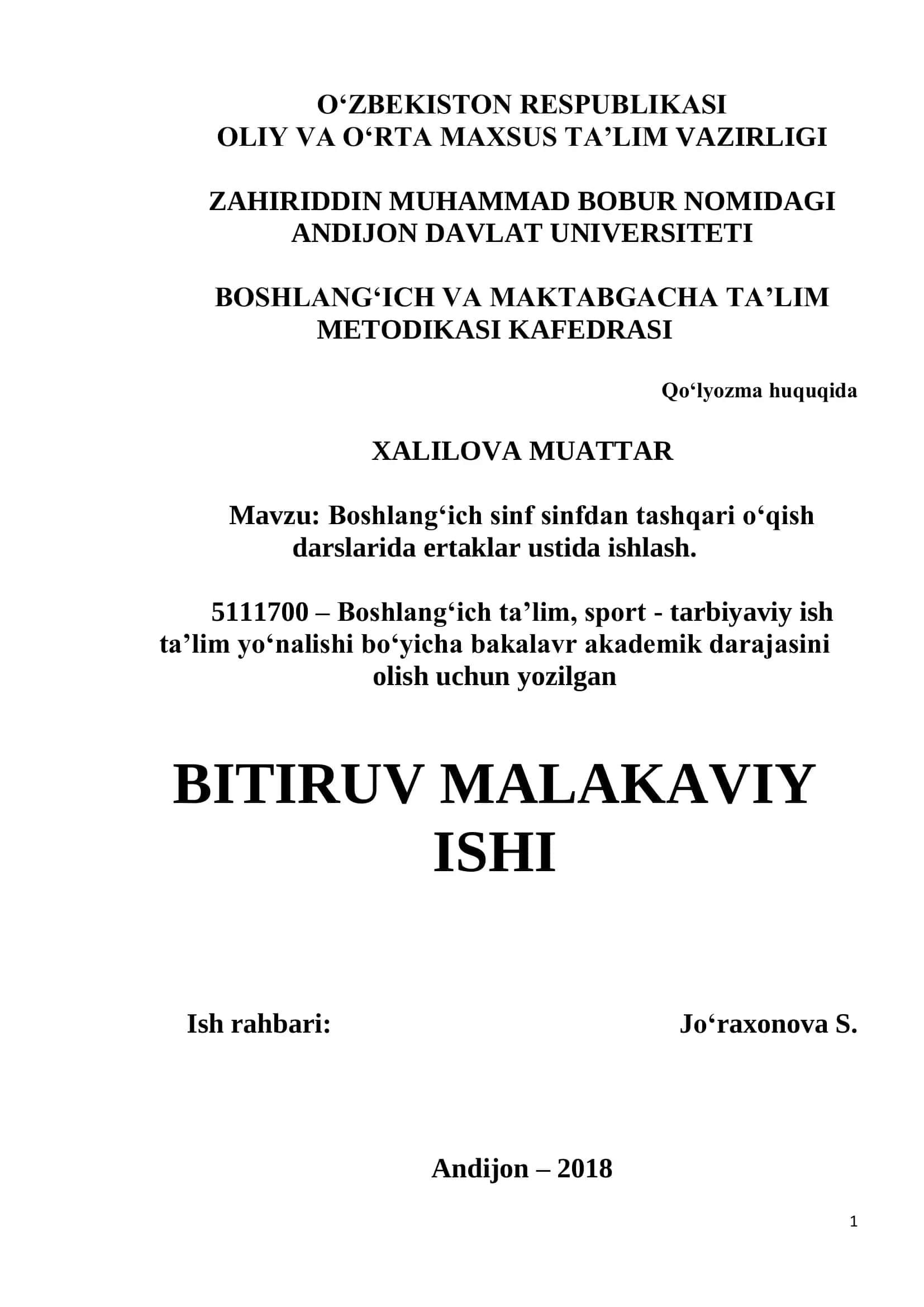 BOB. BOSHLANG‘ICH SINFLARDA SINFDAN TASHQARI O‘QISH DARSLARINI TASHKIL ETISHNING METODIK ASOSLARI 1
