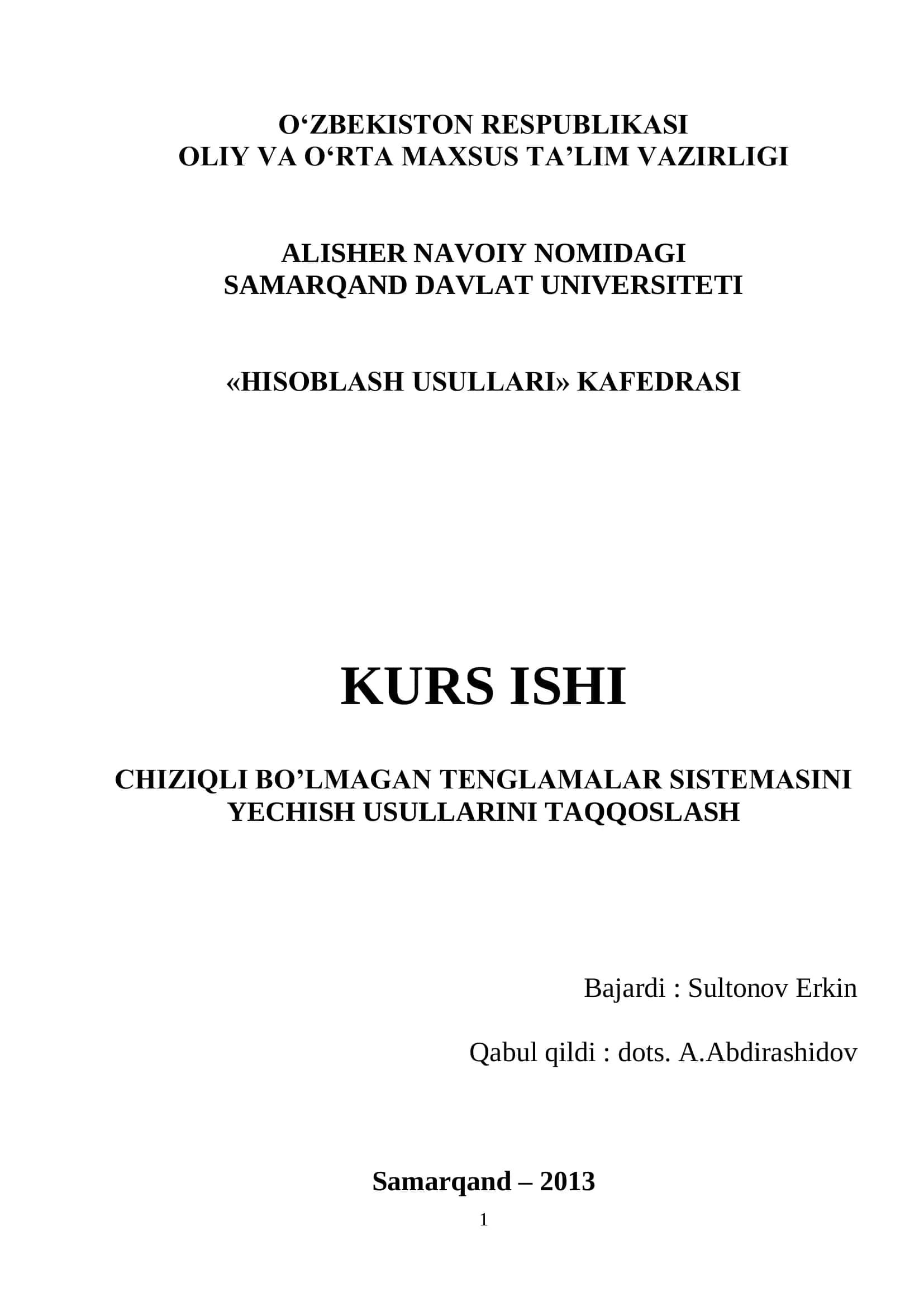 Chiziqli bo'lmagan tenglamalar sistemasini yechish usullarini taqqoslash 1