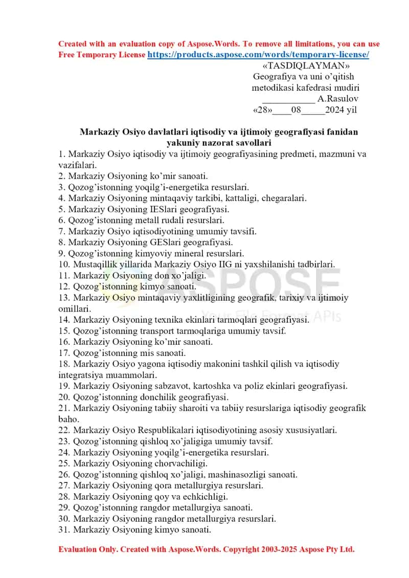 Markaziy Osiyo davlatlari iqtisodiy va ijtimoiy geografiyasi fanidan yakuniy nazorat savollari 1