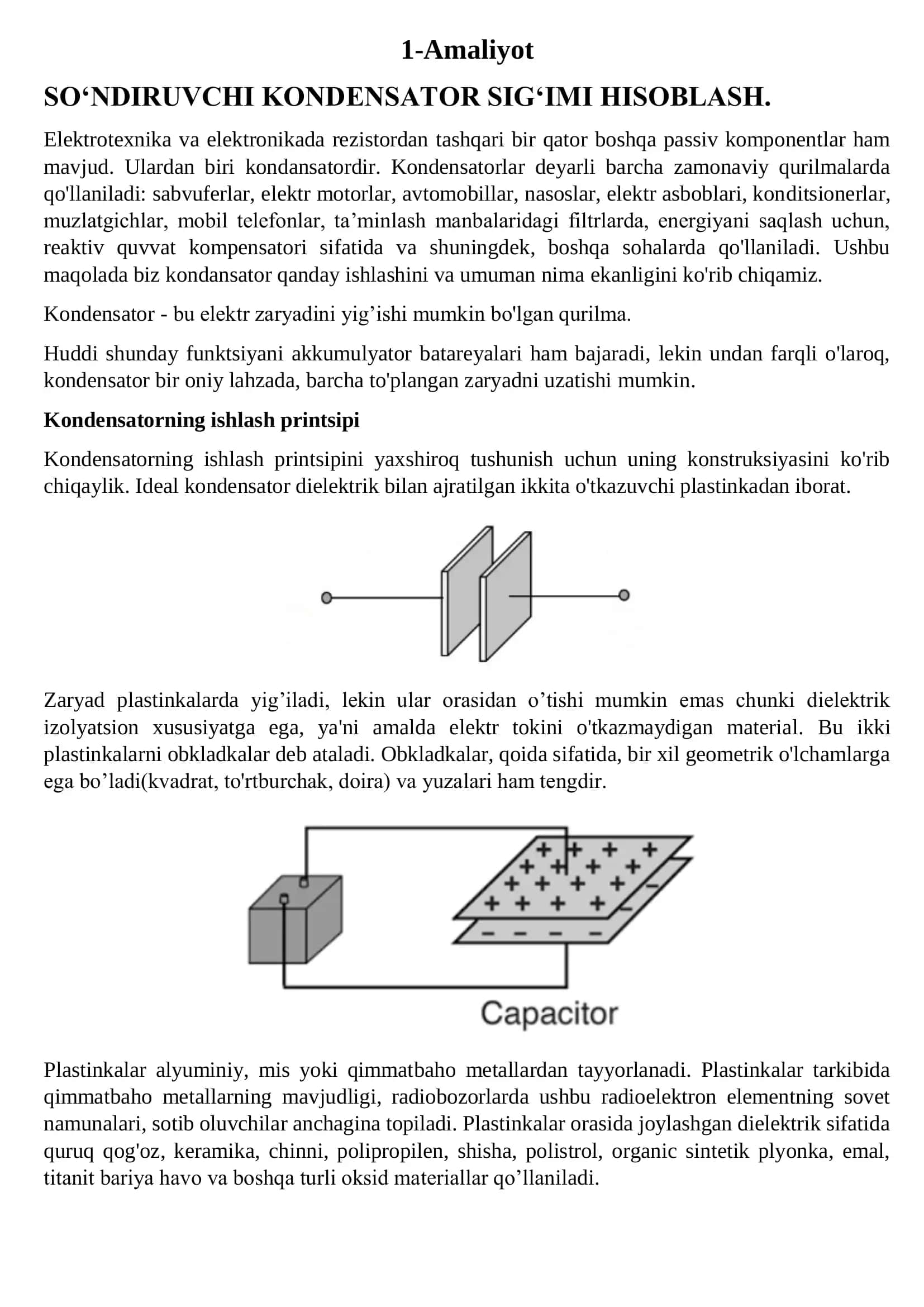 Kondensator ishlash printsipi 1