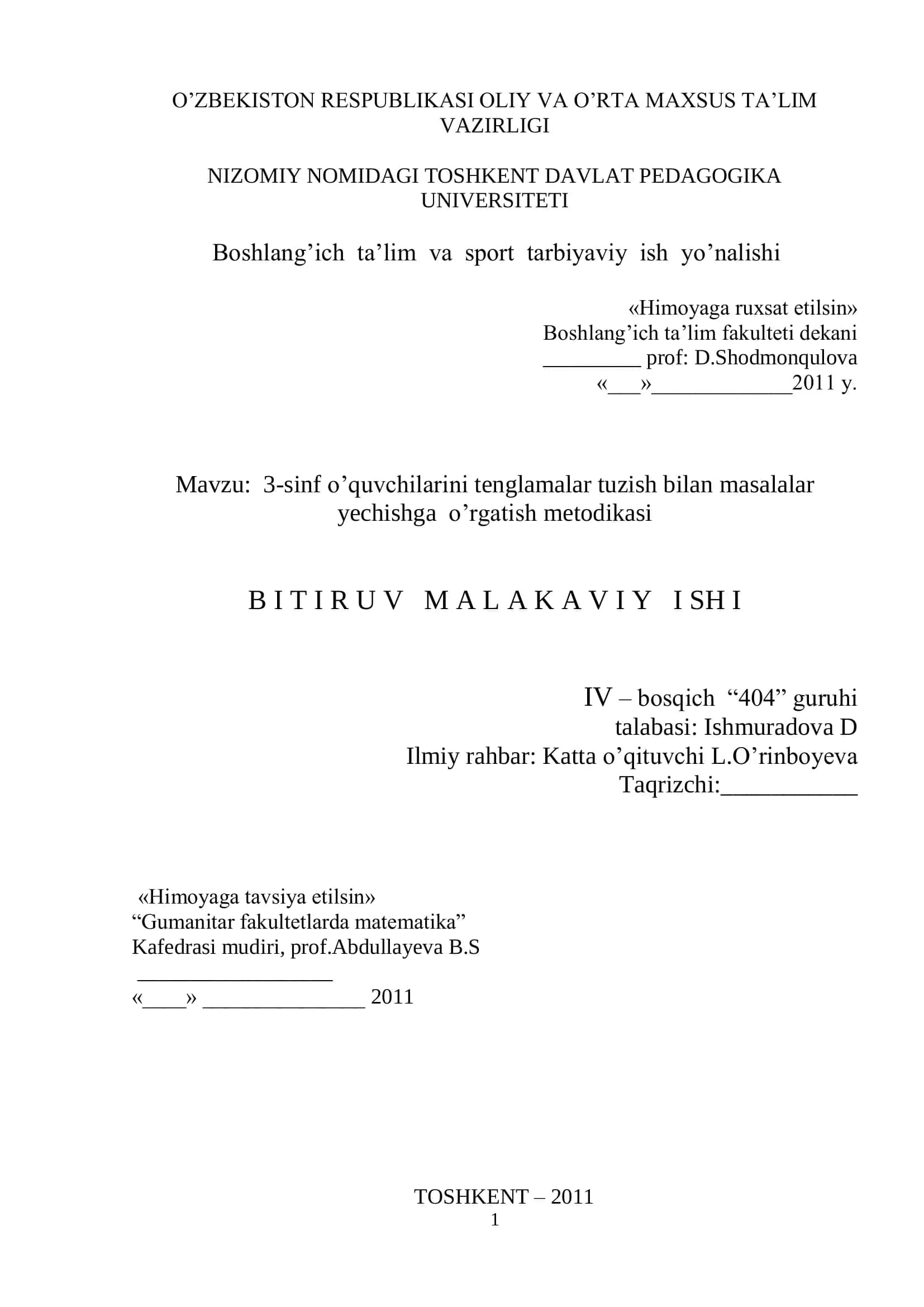3-sinf o’quvchilarini tenglamalar tuzish bilan masalalar yechishga o’rgatish metodikasi 1