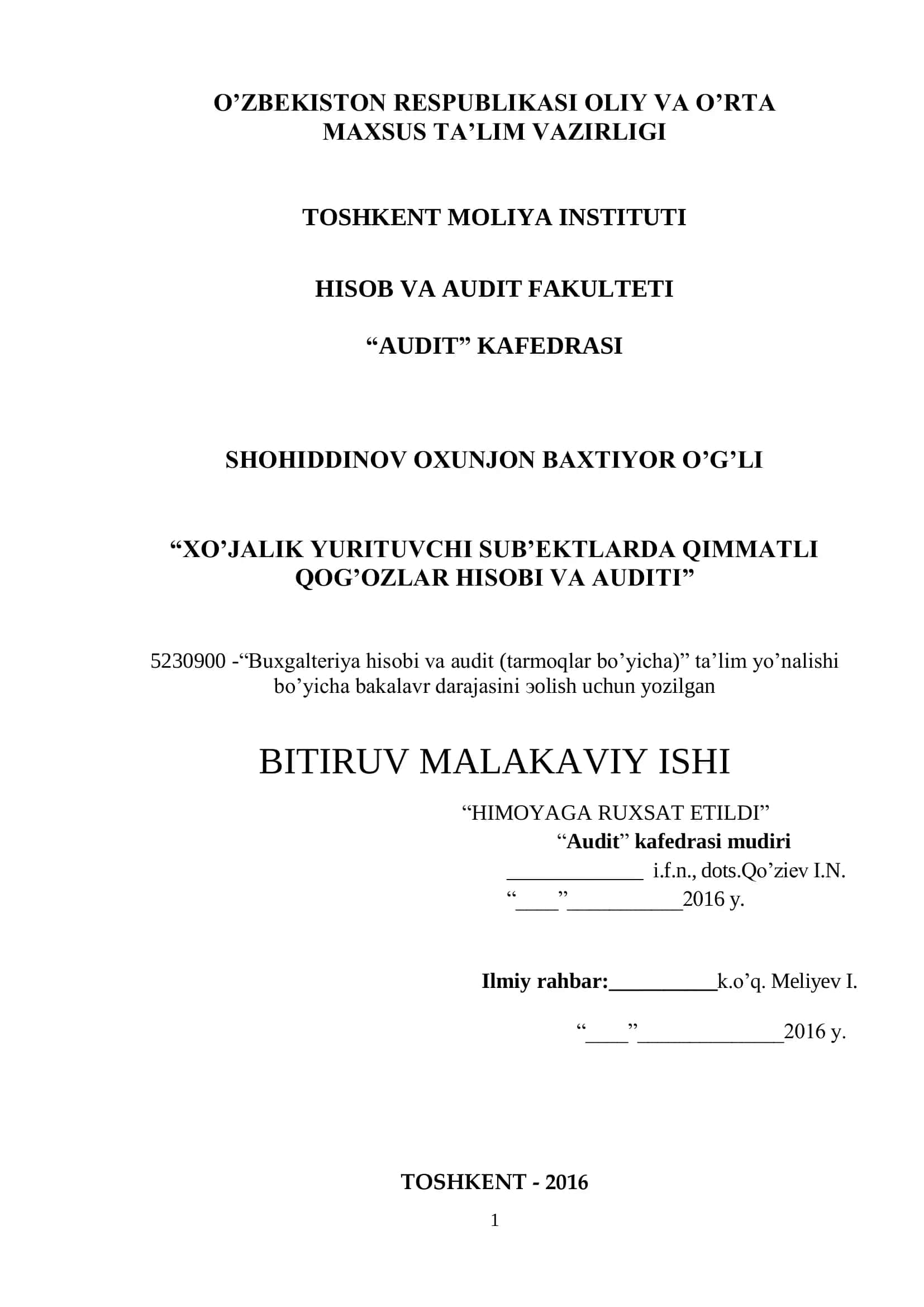 "Qimmatli qog'ozlar hisobi va auditining nazariy asoslari" 1