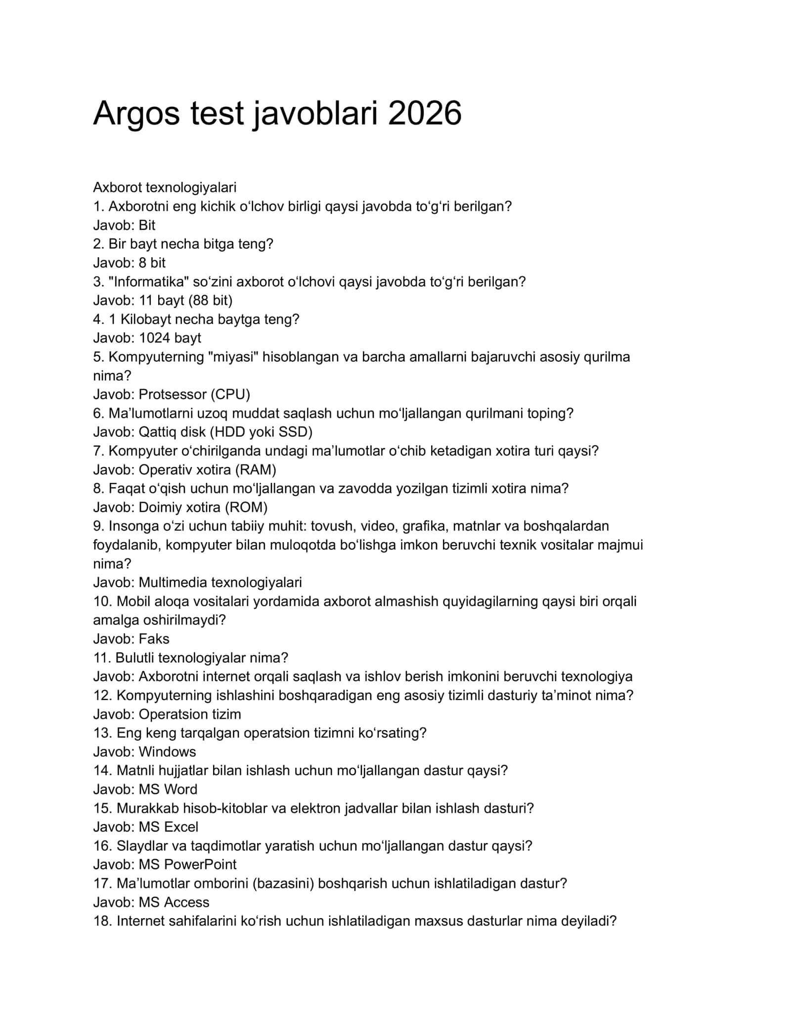 Argos Axborot texnologiya test 2026 1